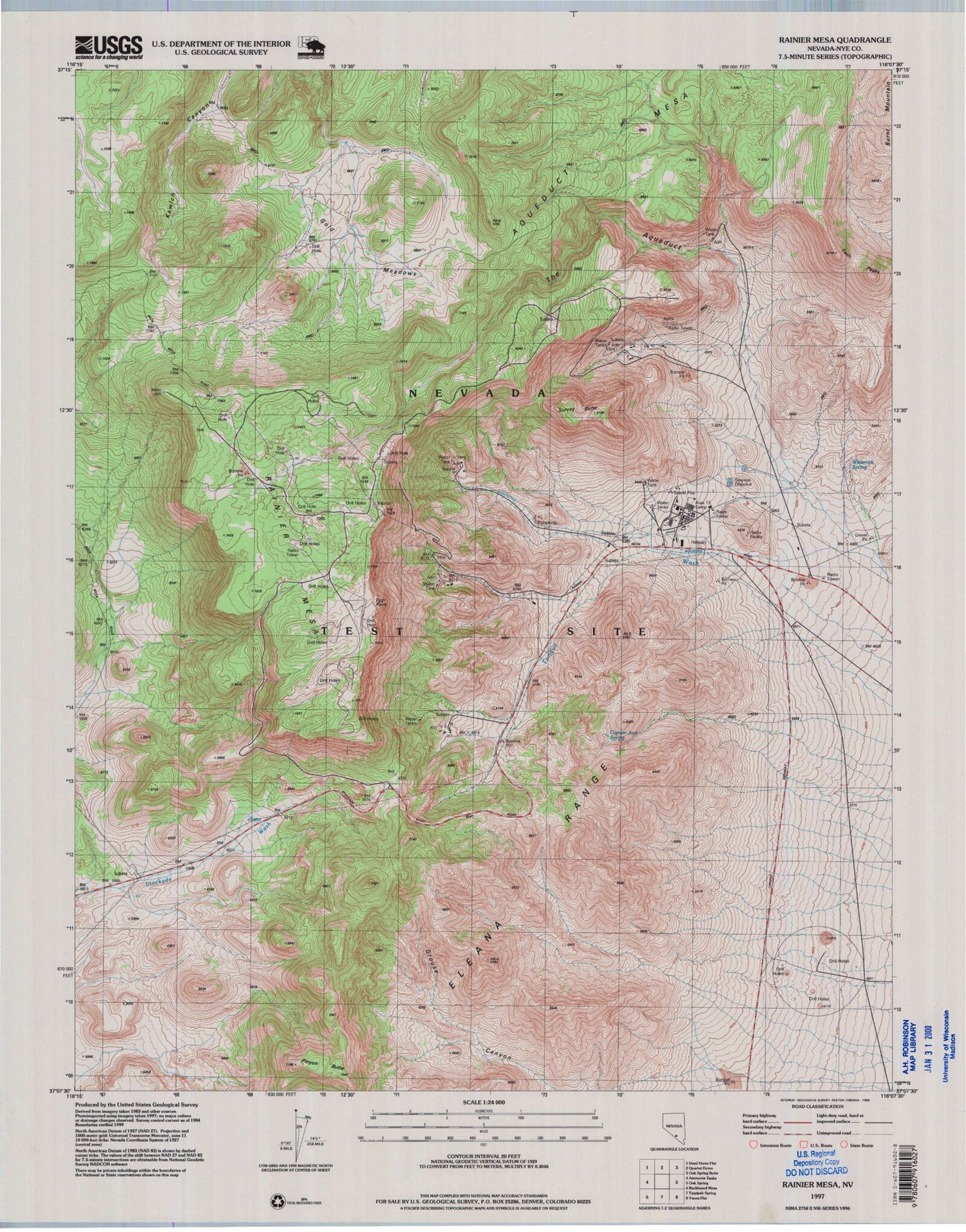 Classic USGS Rainier Mesa Nevada 7.5'x7.5' Topo Map Image