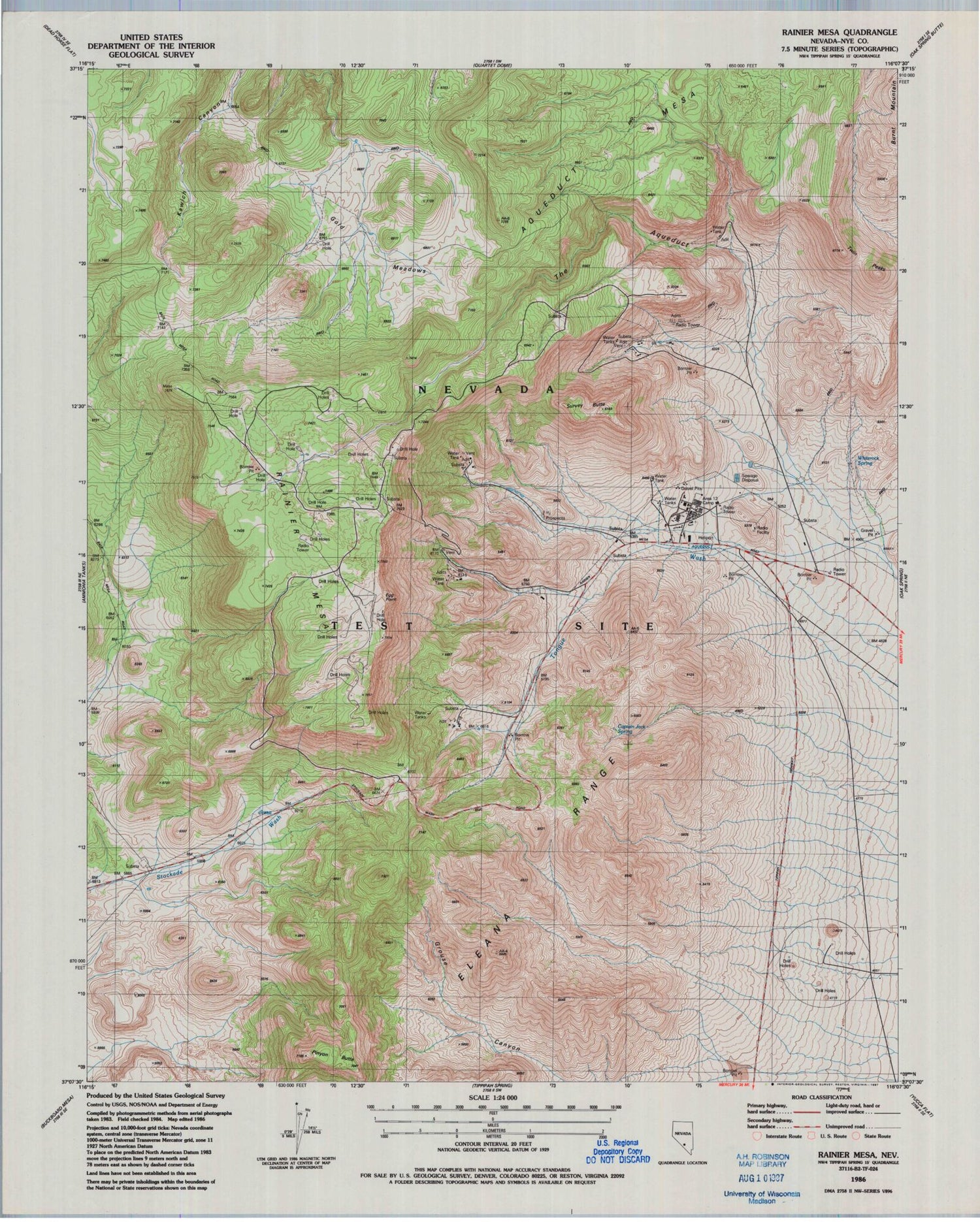 Classic USGS Rainier Mesa Nevada 7.5'x7.5' Topo Map Image