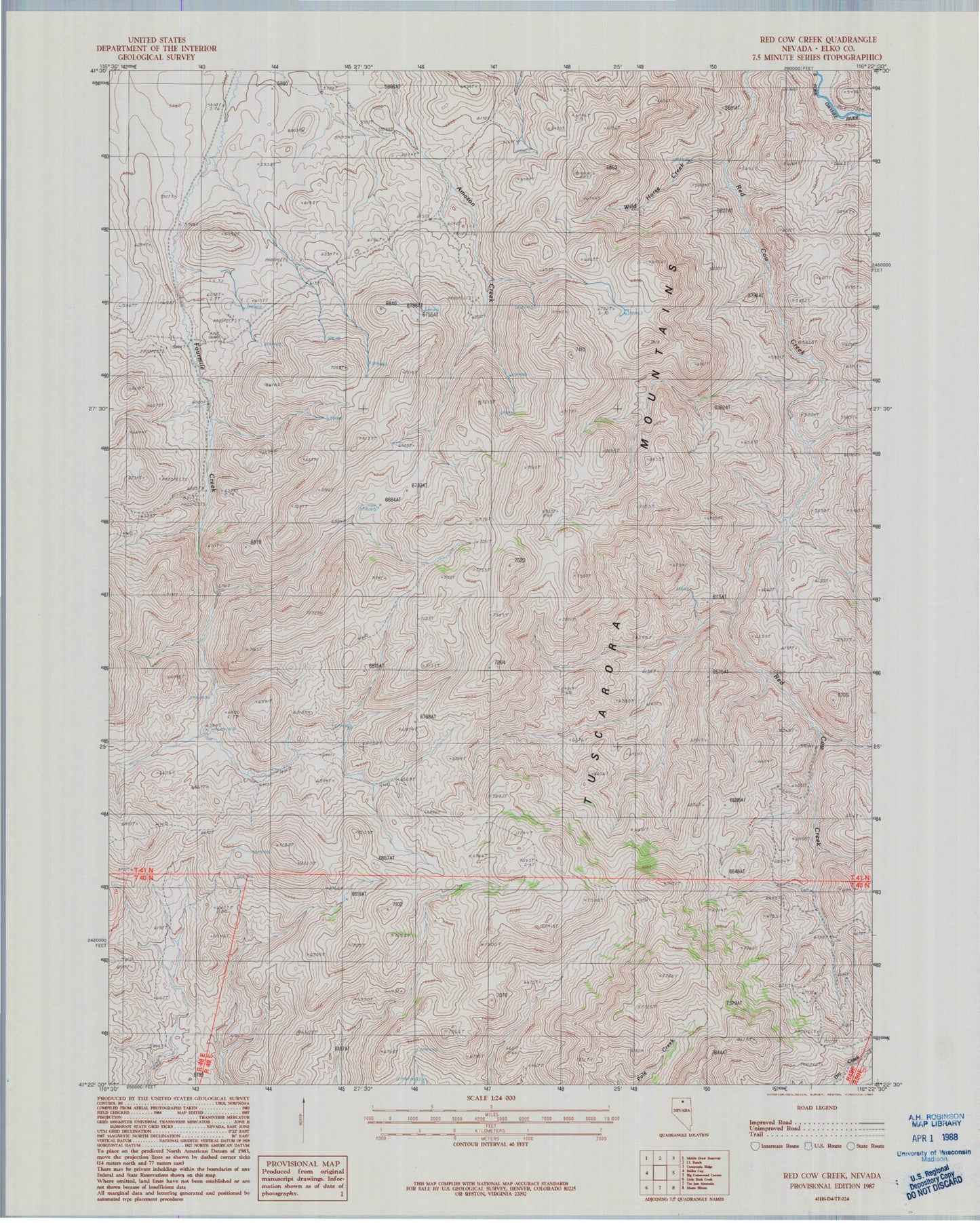 Classic USGS Red Cow Creek Nevada 7.5'x7.5' Topo Map Image