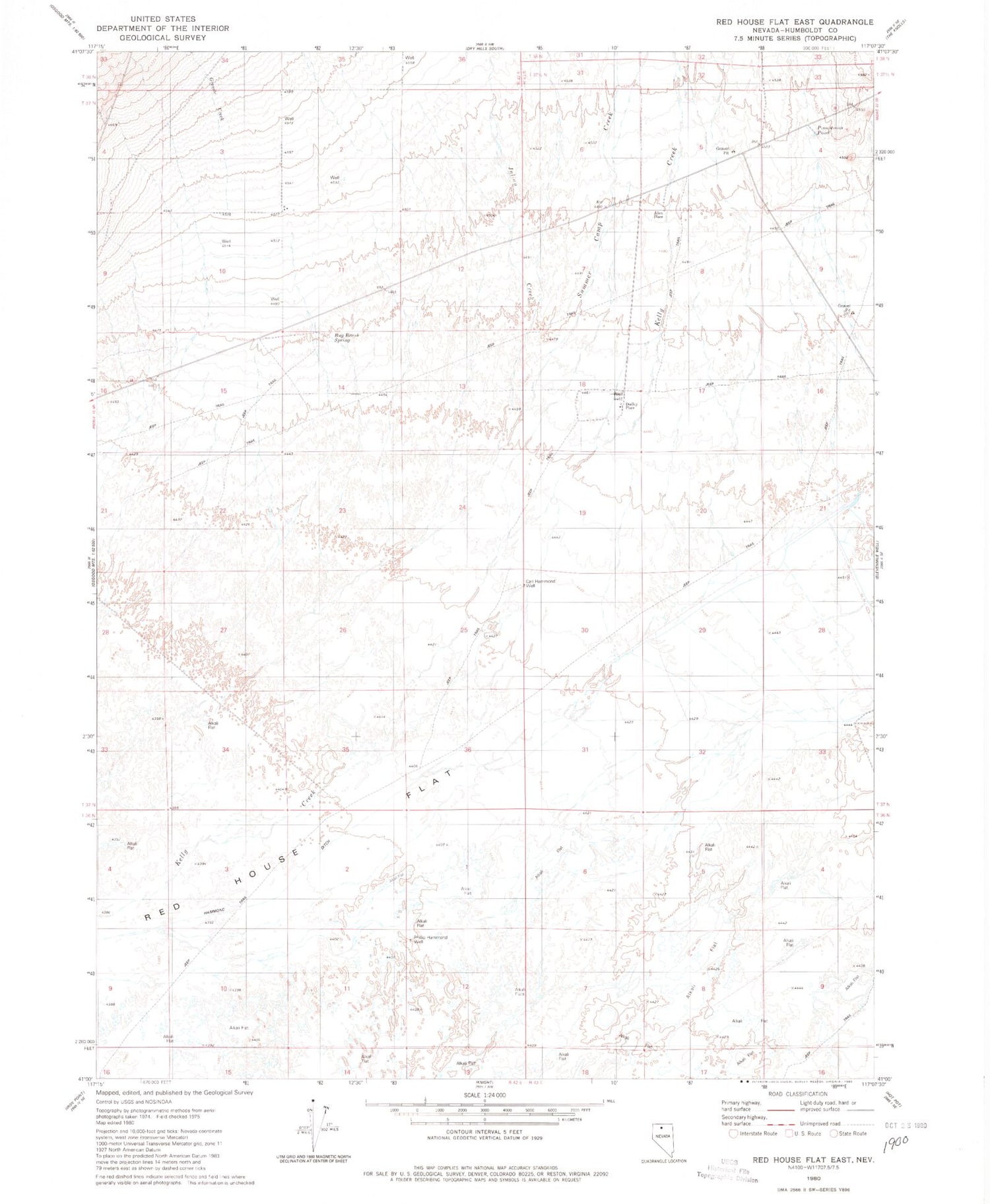 Classic USGS Red House Flat East Nevada 7.5'x7.5' Topo Map Image