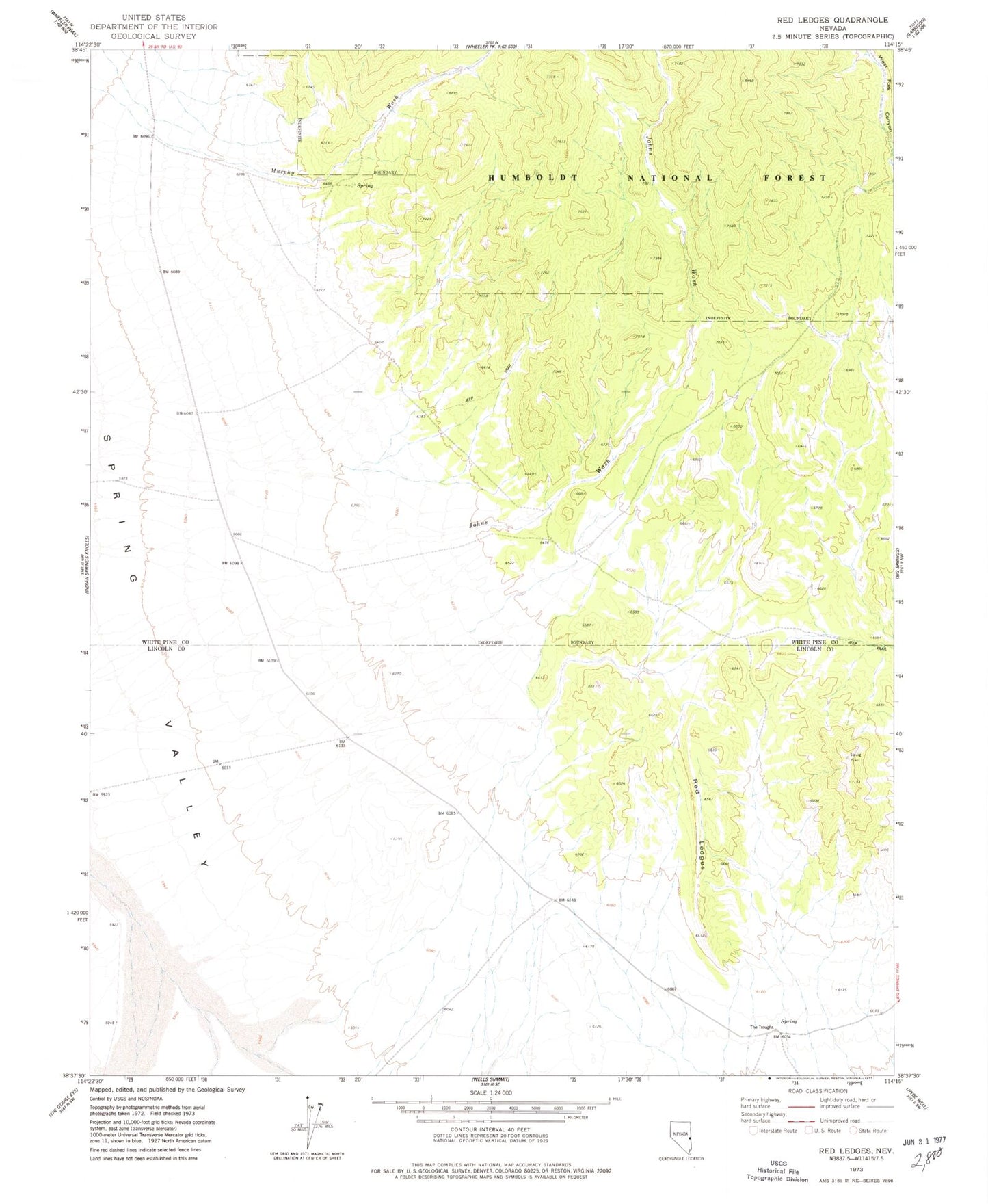 Classic USGS Red Ledges Nevada 7.5'x7.5' Topo Map Image