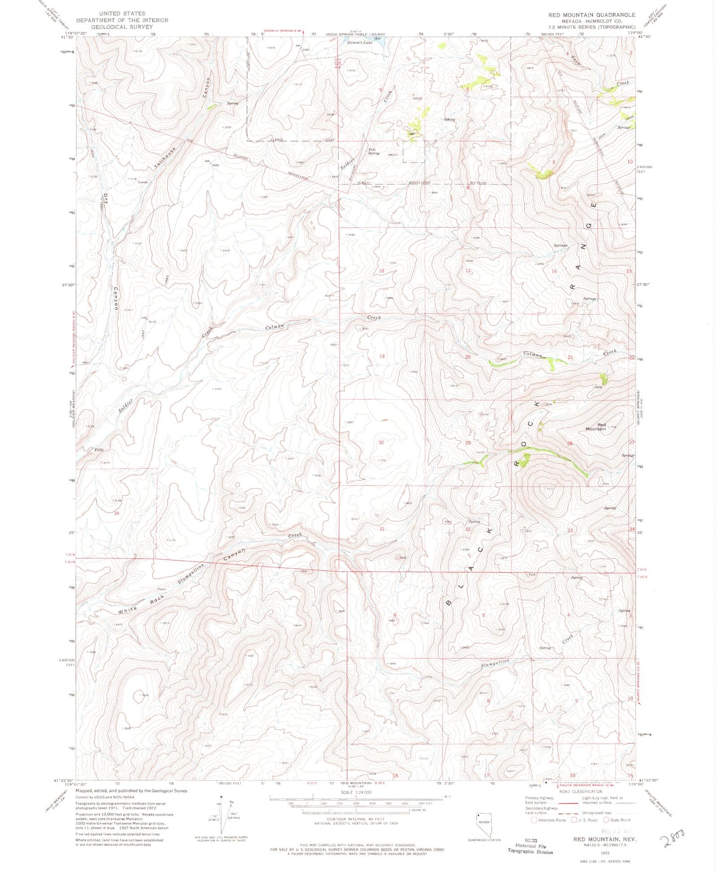 Classic USGS Red Mountain Nevada 7.5'x7.5' Topo Map Image