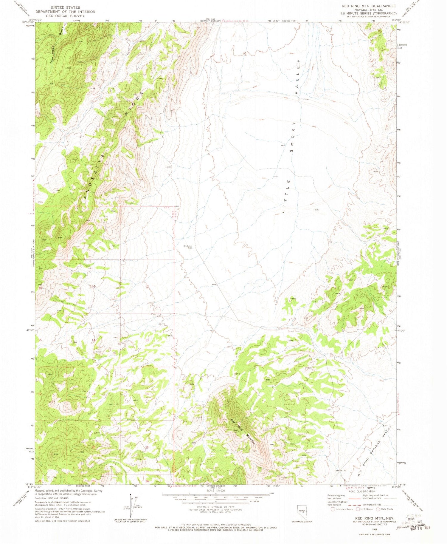 Classic USGS Red Ring Mountain Nevada 7.5'x7.5' Topo Map Image