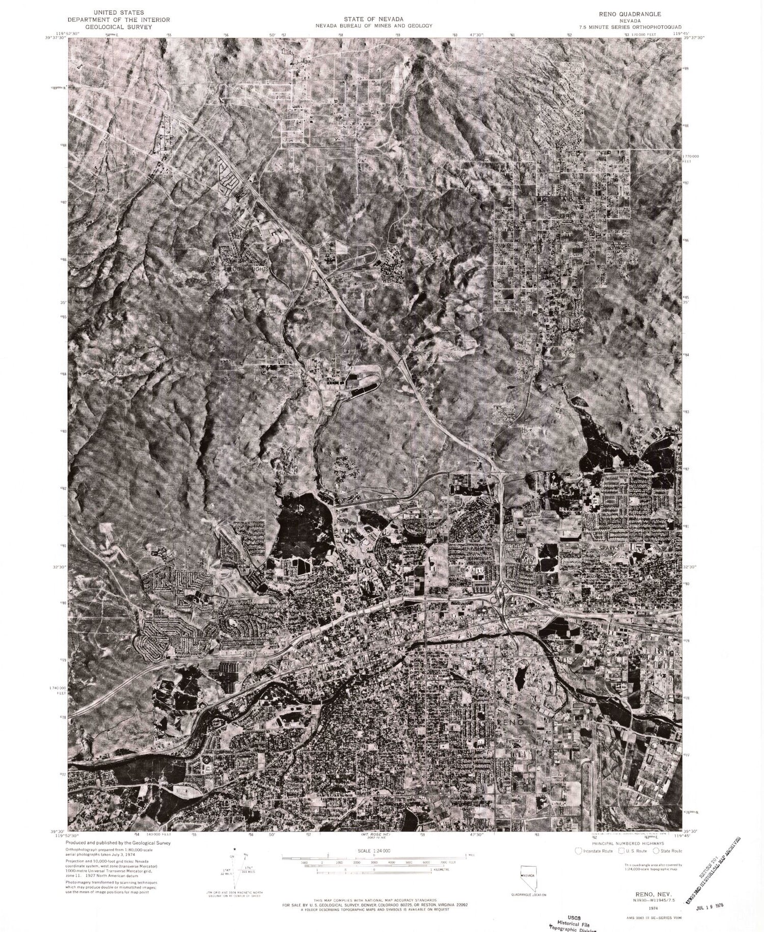 Classic USGS Reno Nevada 7.5'x7.5' Topo Map Image