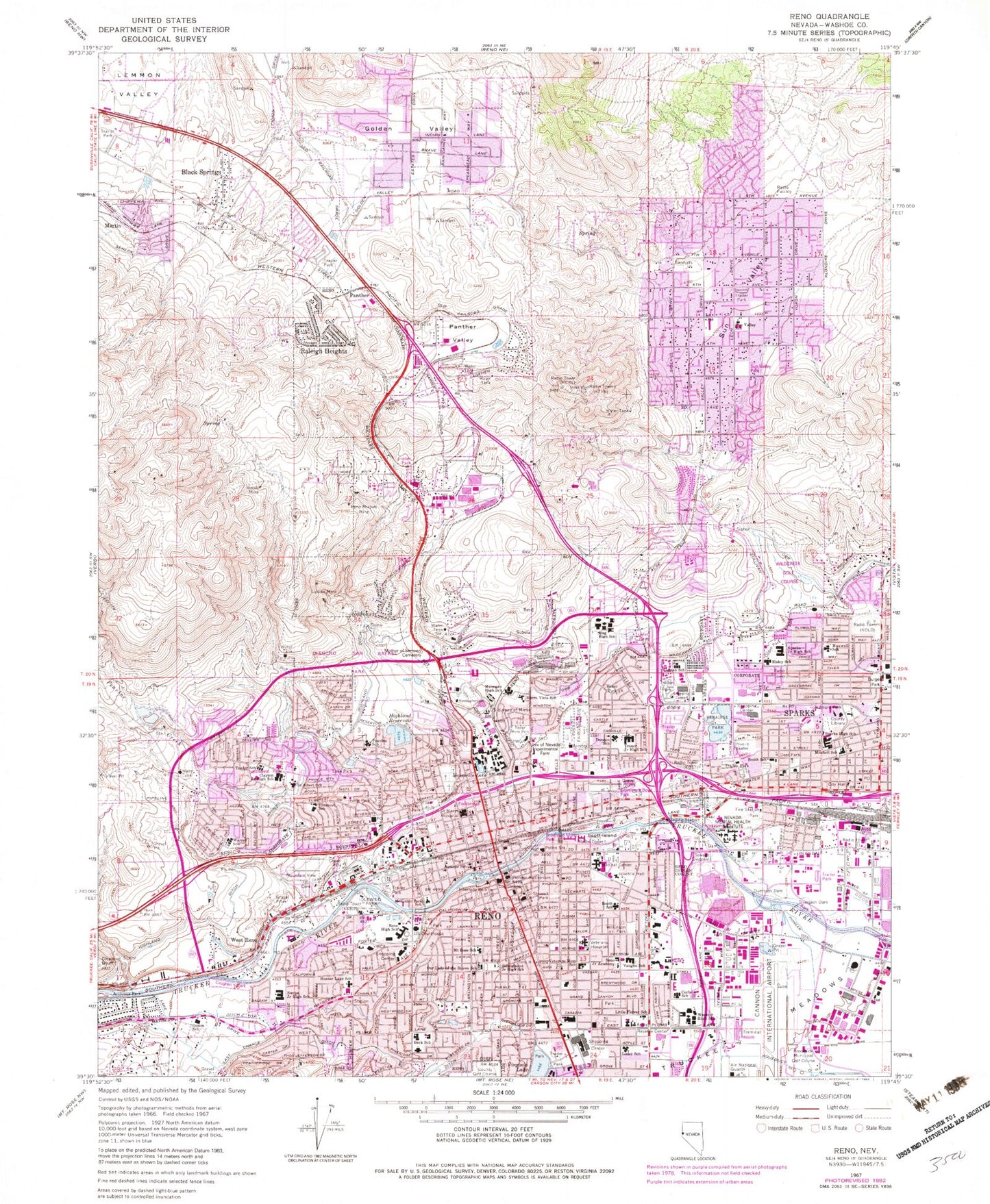 Classic USGS Reno Nevada 7.5'x7.5' Topo Map Image