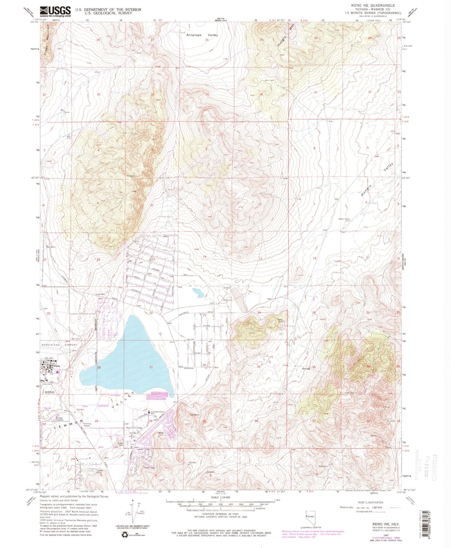 Classic USGS Reno NE Nevada 7.5'x7.5' Topo Map Image