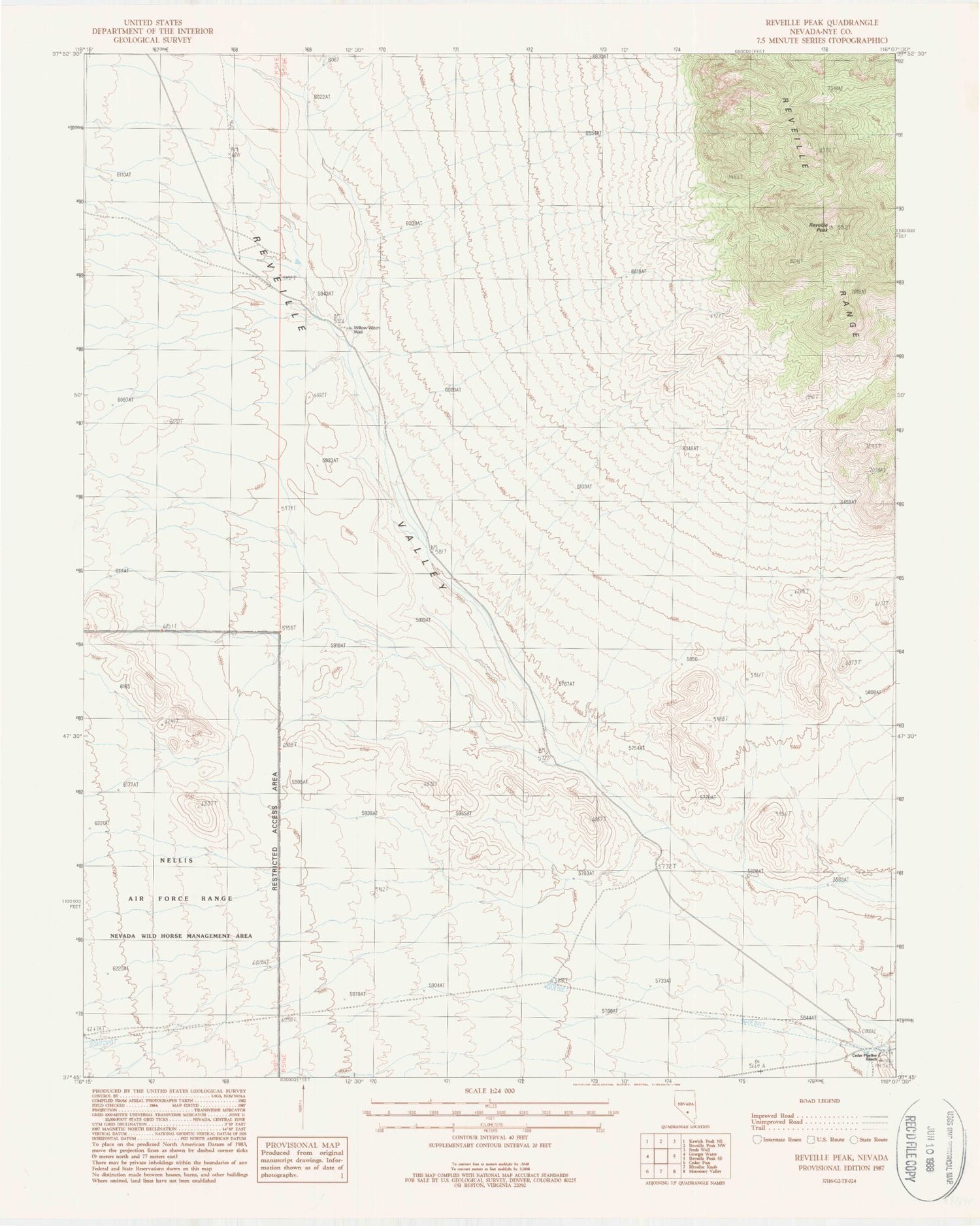 Classic USGS Reveille Peak Nevada 7.5'x7.5' Topo Map Image