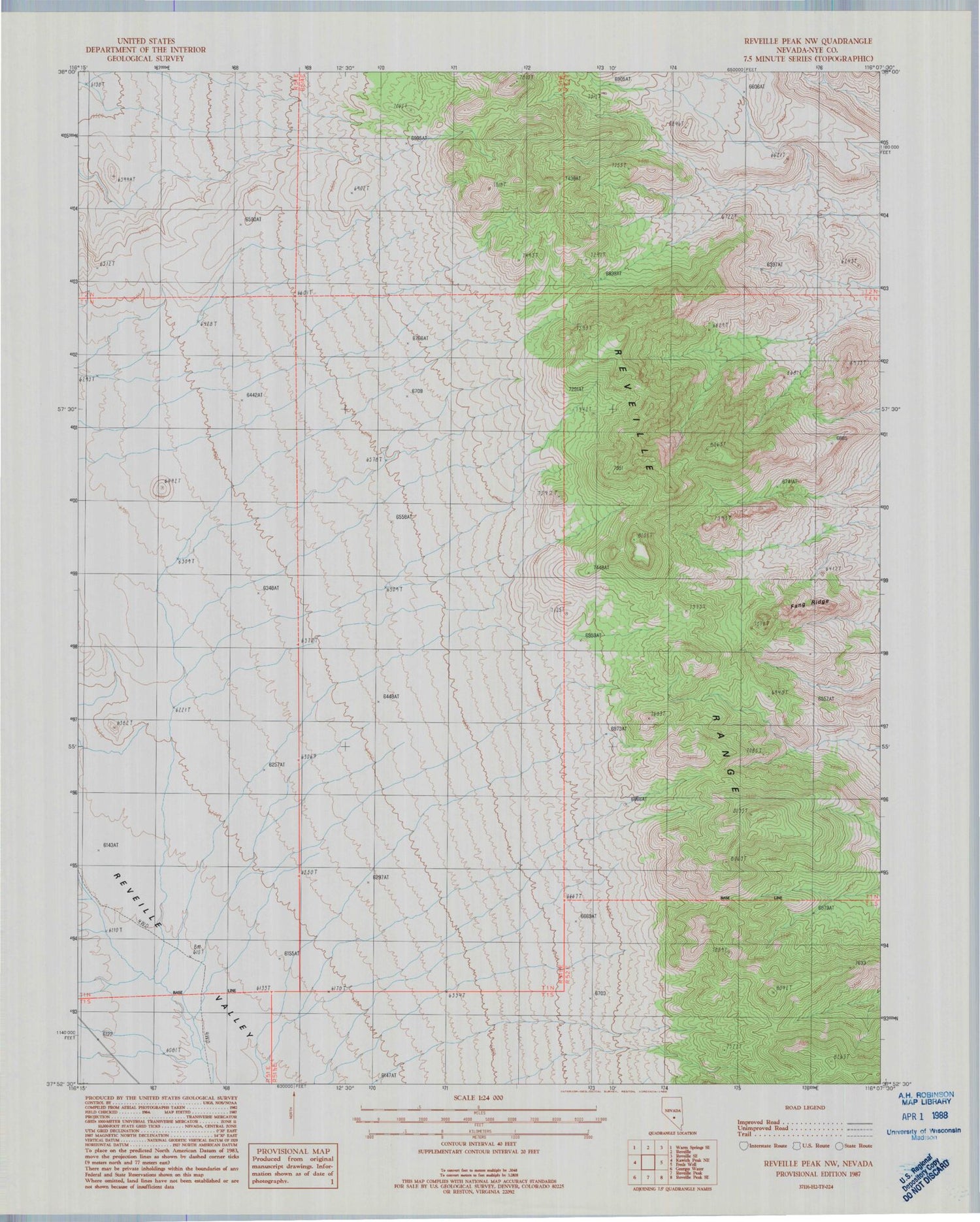Classic USGS Reveille Peak NW Nevada 7.5'x7.5' Topo Map Image