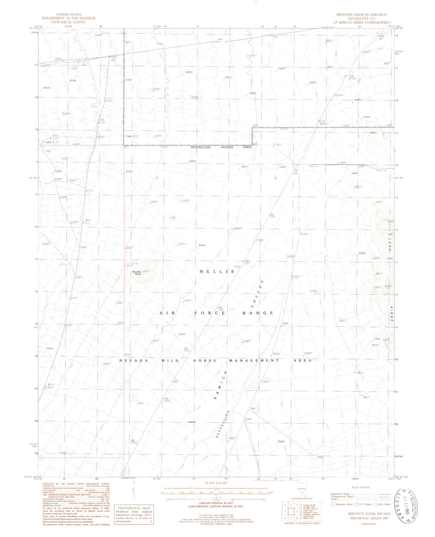 Classic USGS Rhyolite Knob Nevada 7.5'x7.5' Topo Map Image