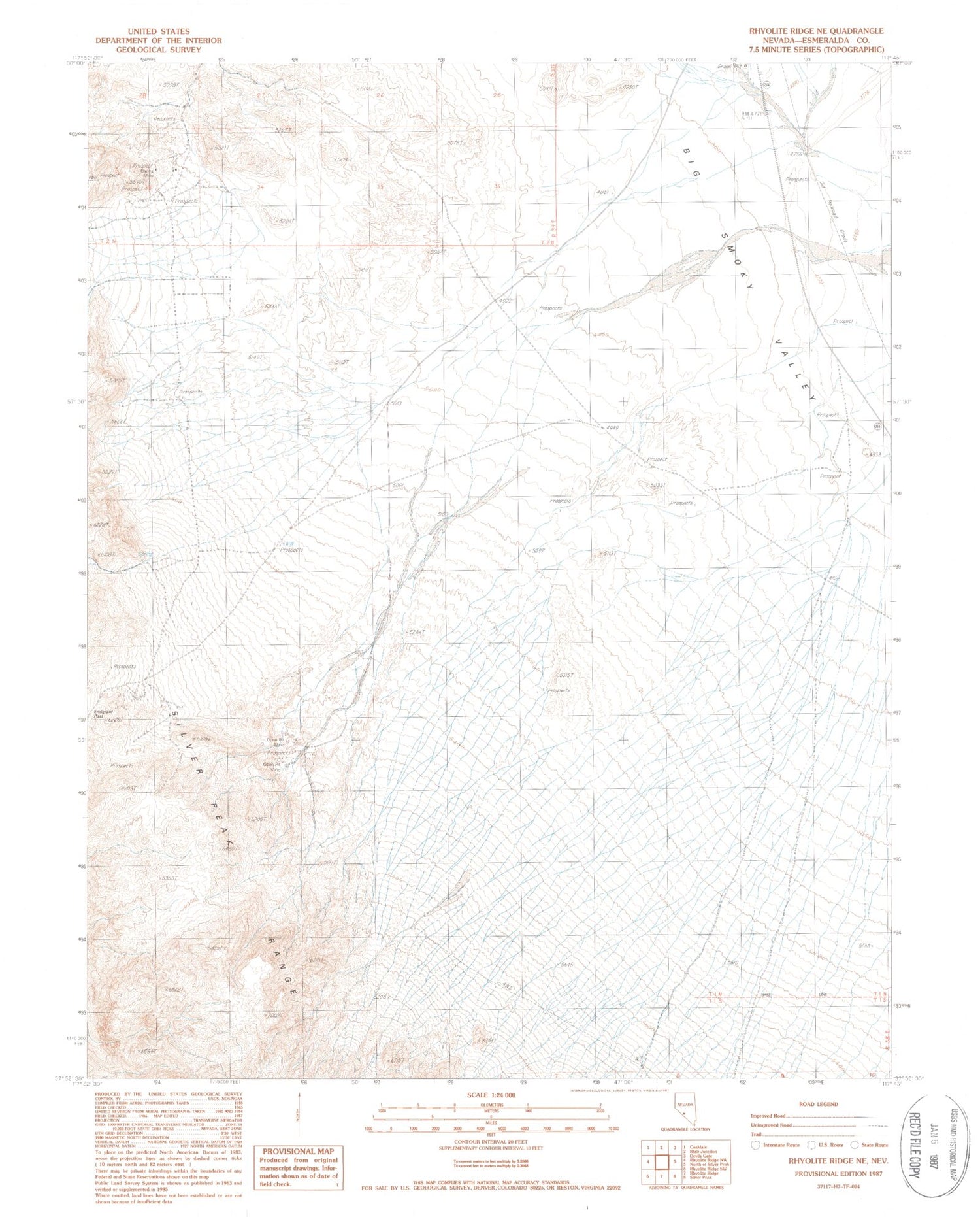 Classic USGS Rhyolite Ridge NE Nevada 7.5'x7.5' Topo Map Image
