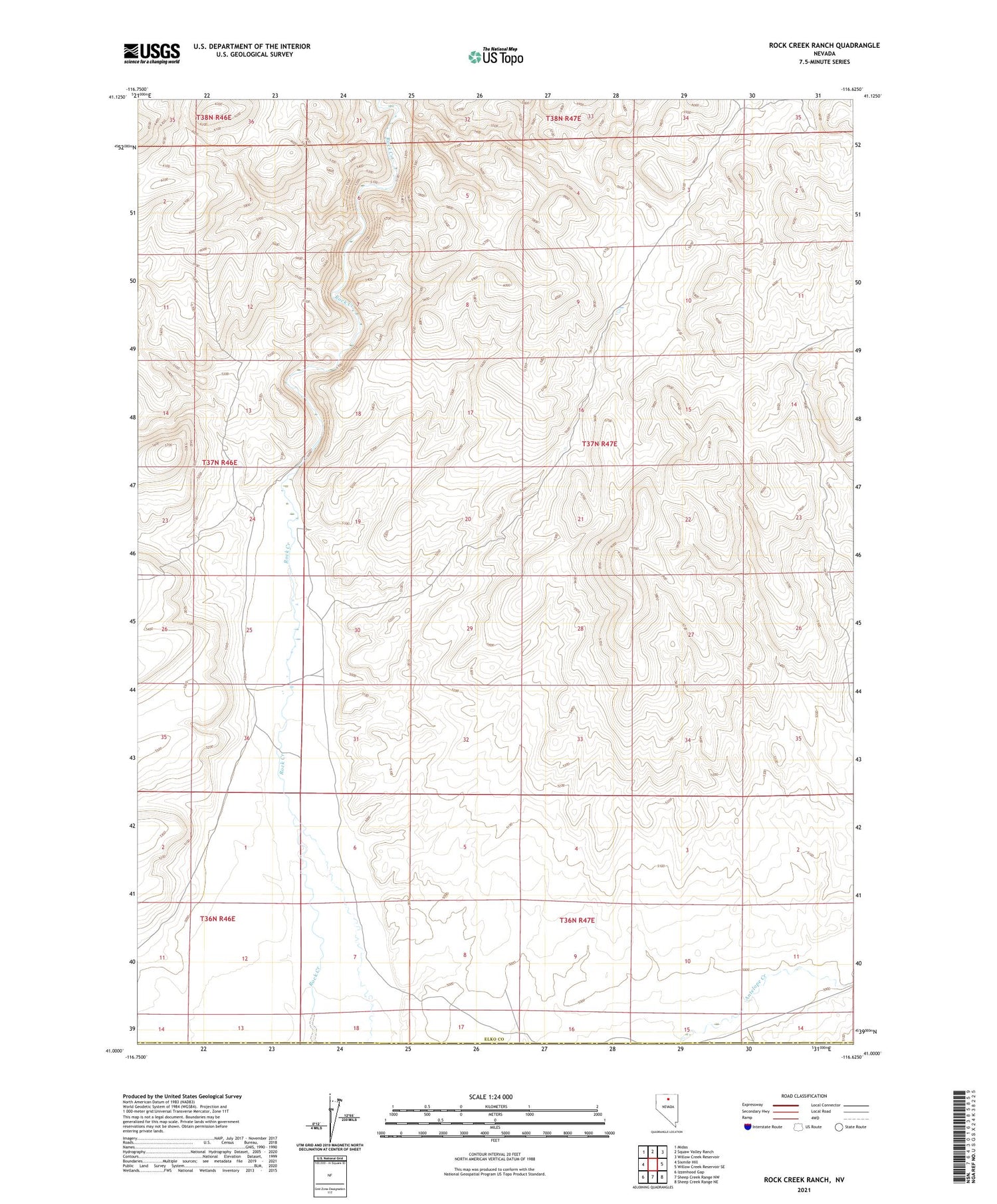 Rock Creek Ranch Nevada US Topo Map Image