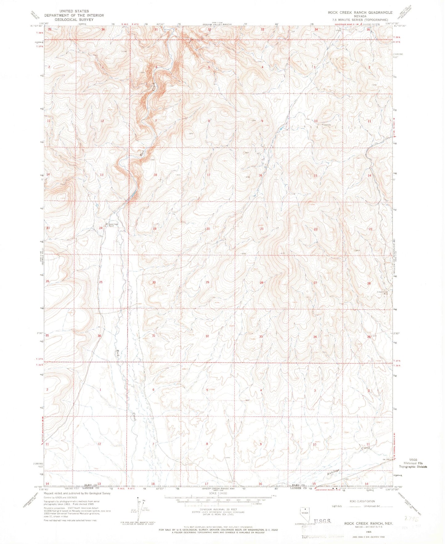 Classic USGS Rock Creek Ranch Nevada 7.5'x7.5' Topo Map Image