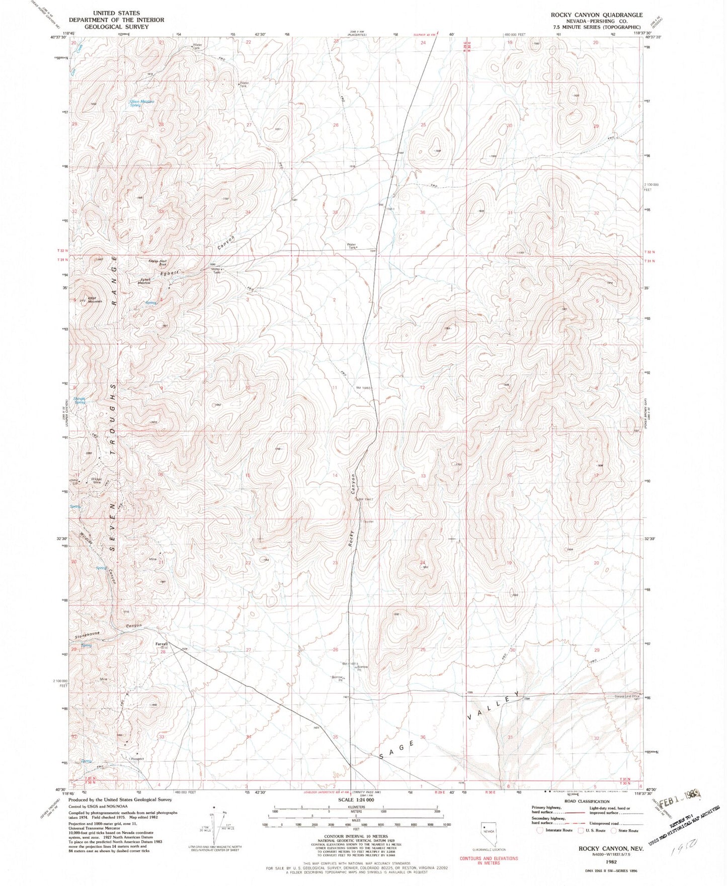 Classic USGS Rocky Canyon Nevada 7.5'x7.5' Topo Map Image