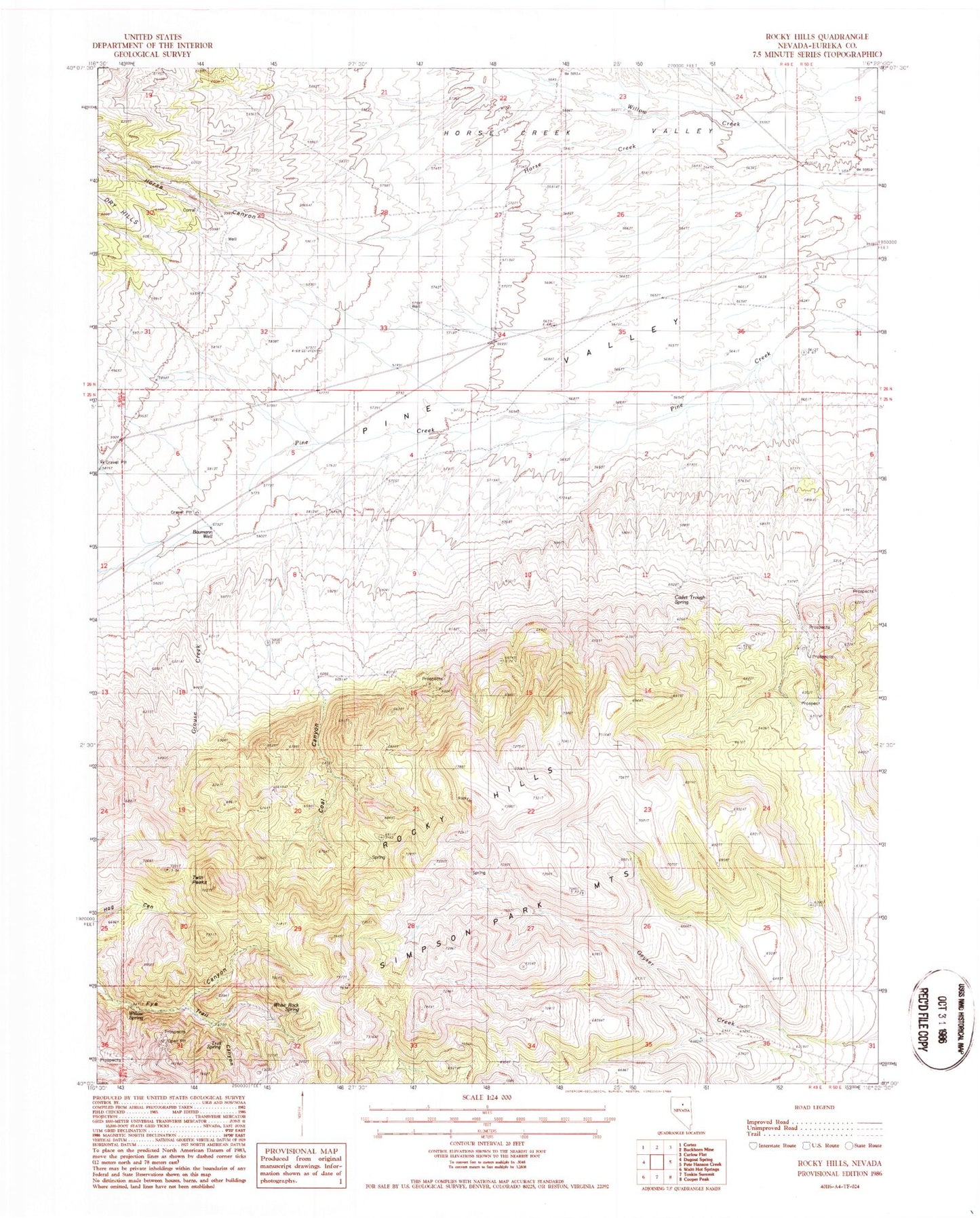 Classic USGS Rocky Hills Nevada 7.5'x7.5' Topo Map Image