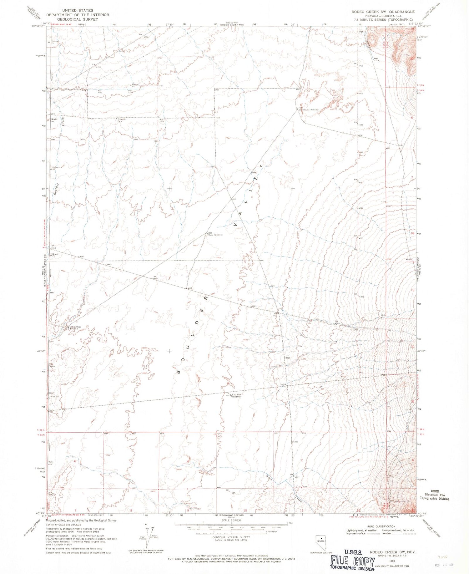 Classic USGS Rodeo Creek SW Nevada 7.5'x7.5' Topo Map Image