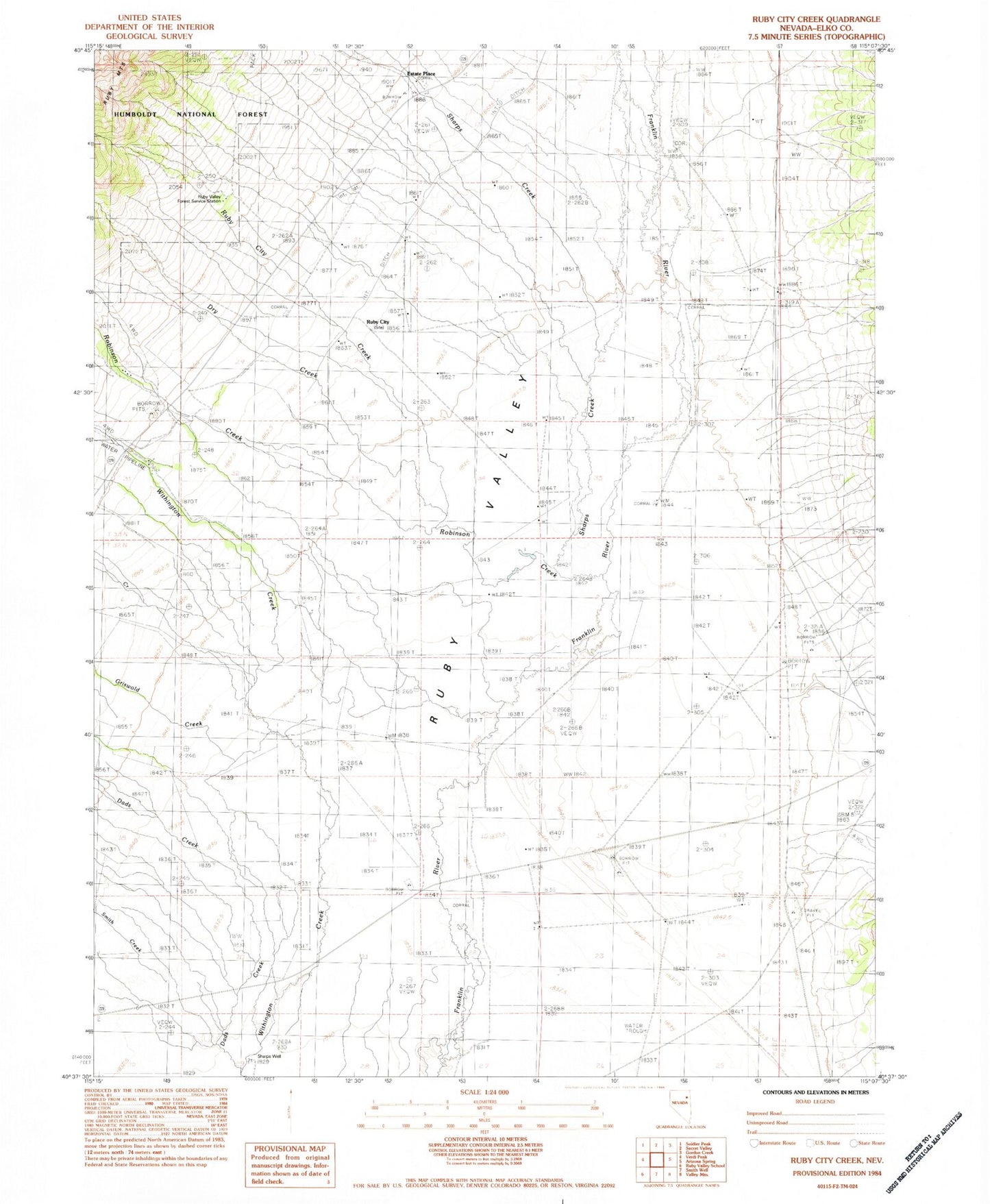 Classic USGS Ruby City Creek Nevada 7.5'x7.5' Topo Map Image