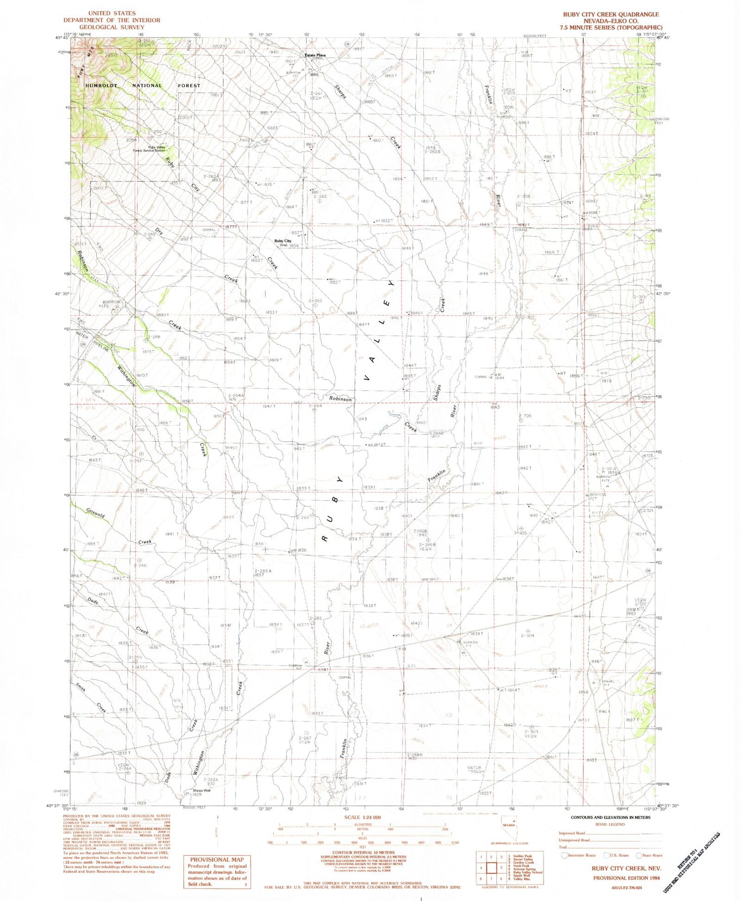 Classic USGS Ruby City Creek Nevada 7.5'x7.5' Topo Map Image