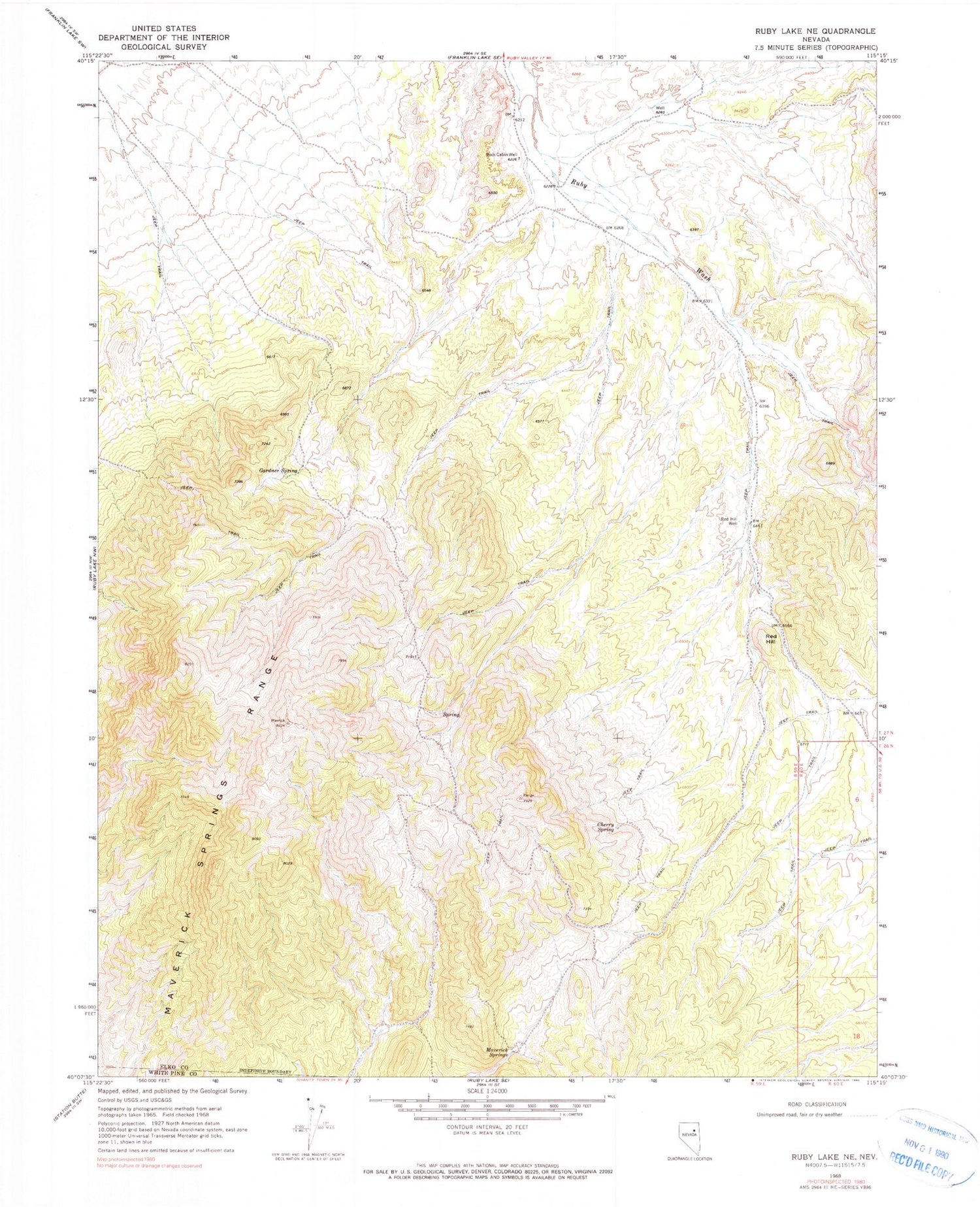 Classic USGS Ruby Lake NE Nevada 7.5'x7.5' Topo Map Image