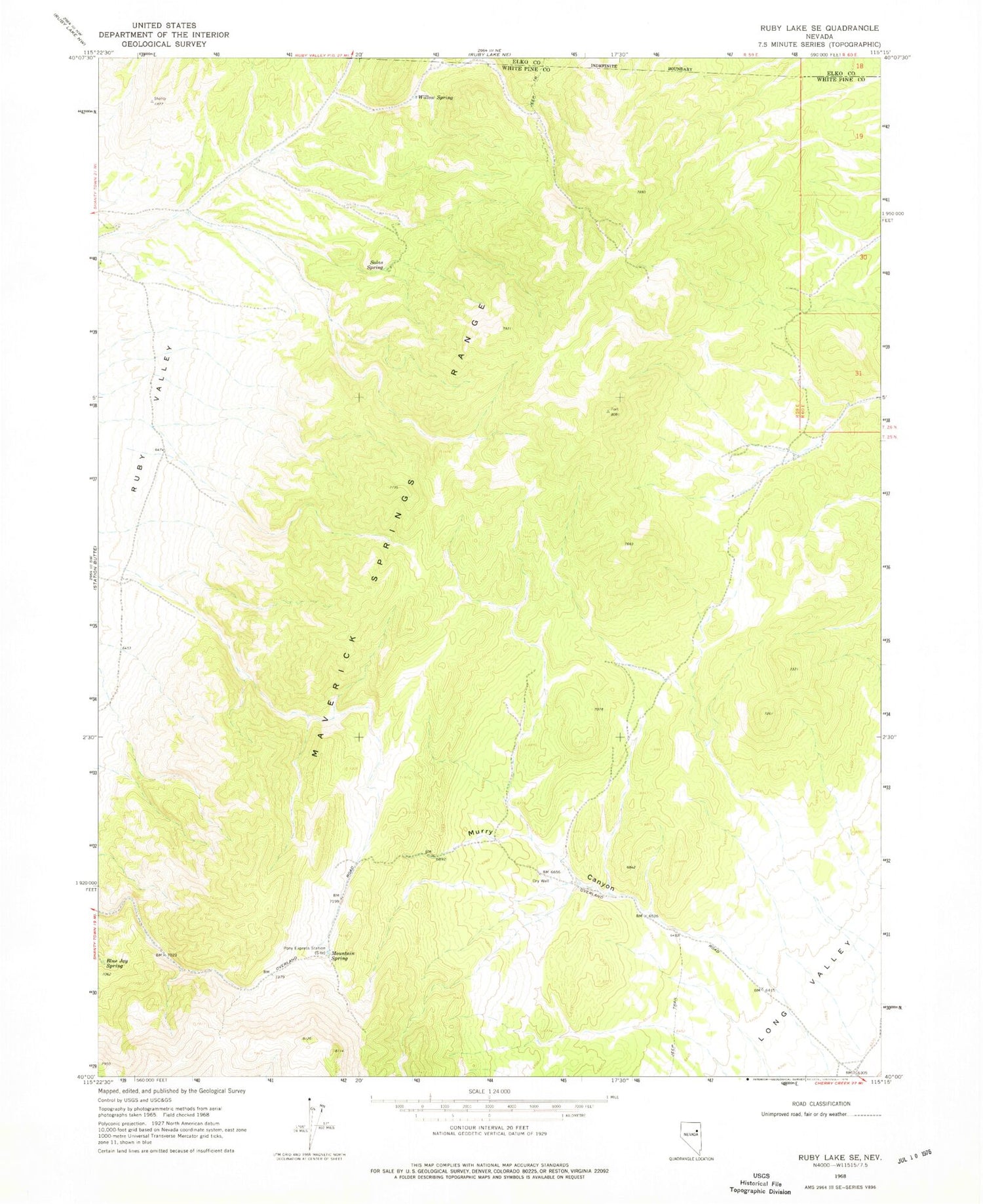 Classic USGS Ruby Lake SE Nevada 7.5'x7.5' Topo Map Image