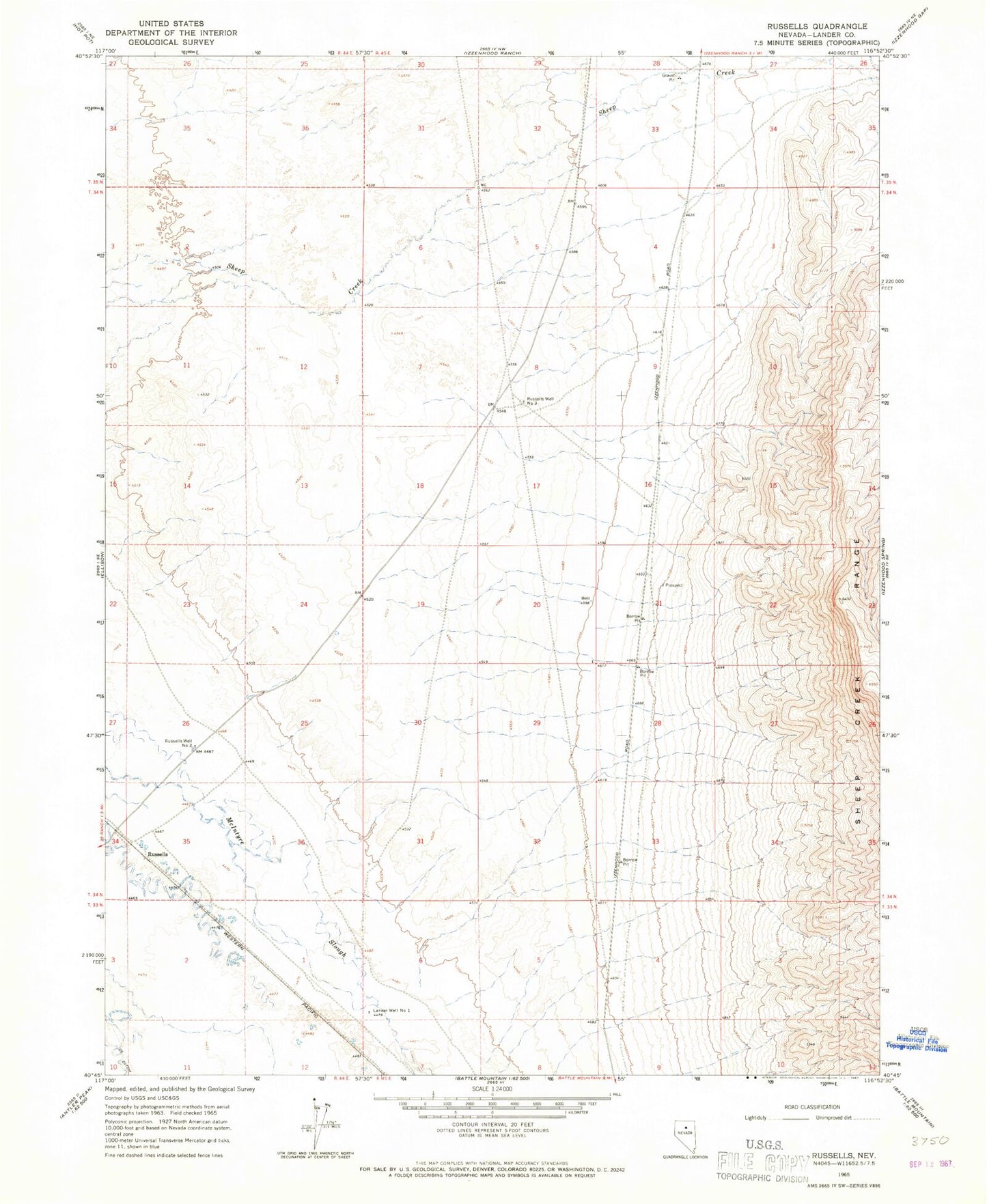 Classic USGS Russells Nevada 7.5'x7.5' Topo Map Image