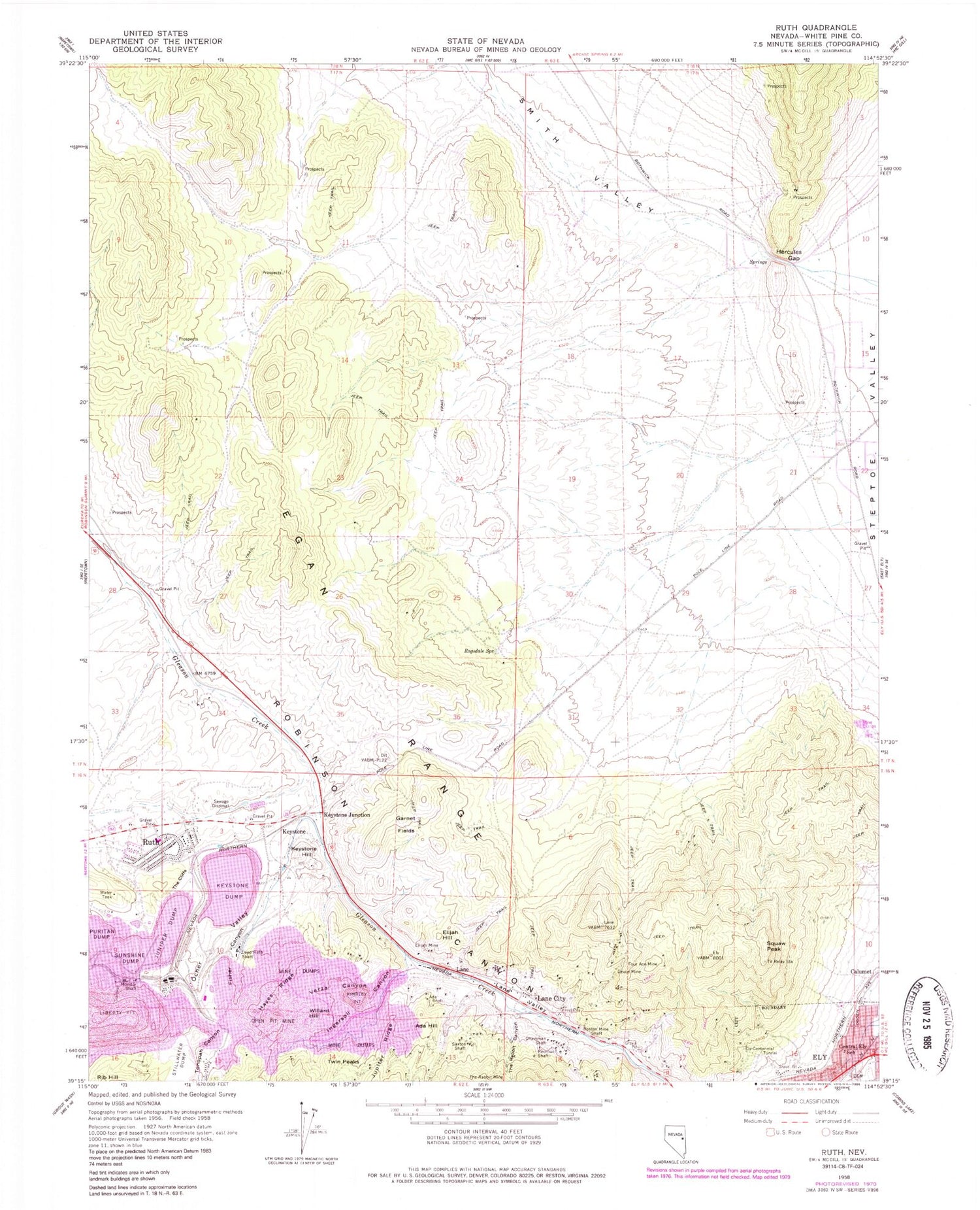 Classic USGS Ruth Nevada 7.5'x7.5' Topo Map Image