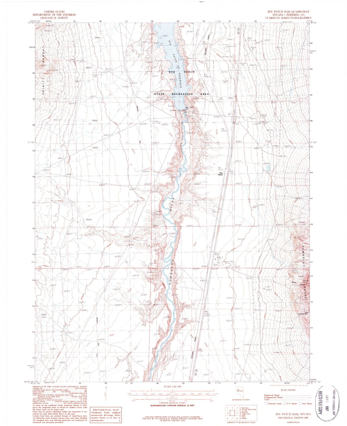 Classic USGS Rye Patch Dam Nevada 7.5'x7.5' Topo Map Image