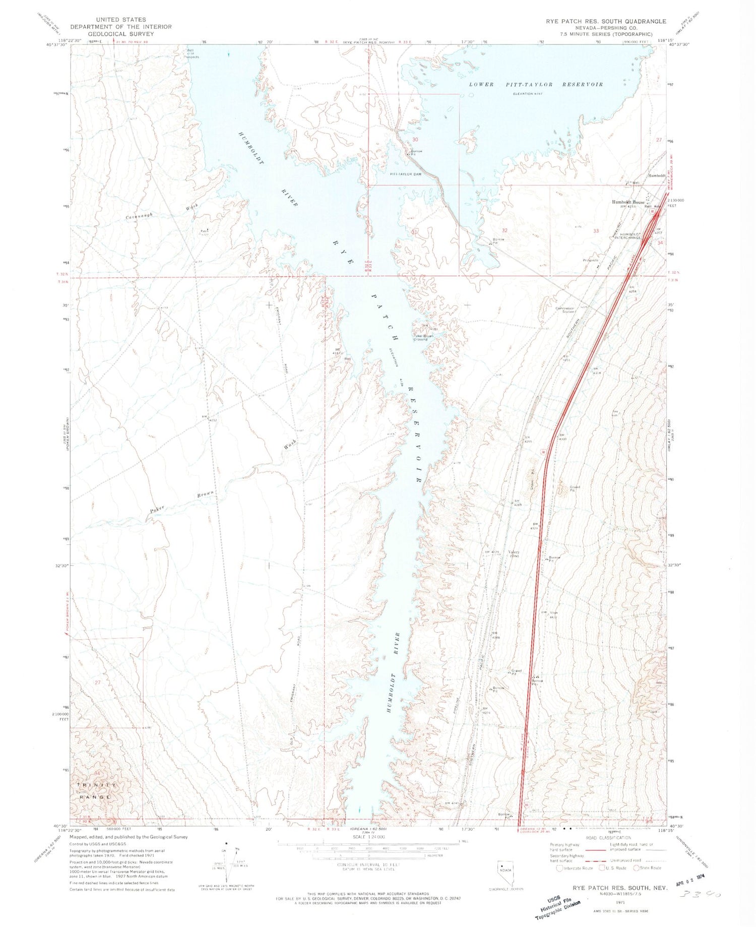 Classic USGS Rye Patch Reservoir South Nevada 7.5'x7.5' Topo Map Image