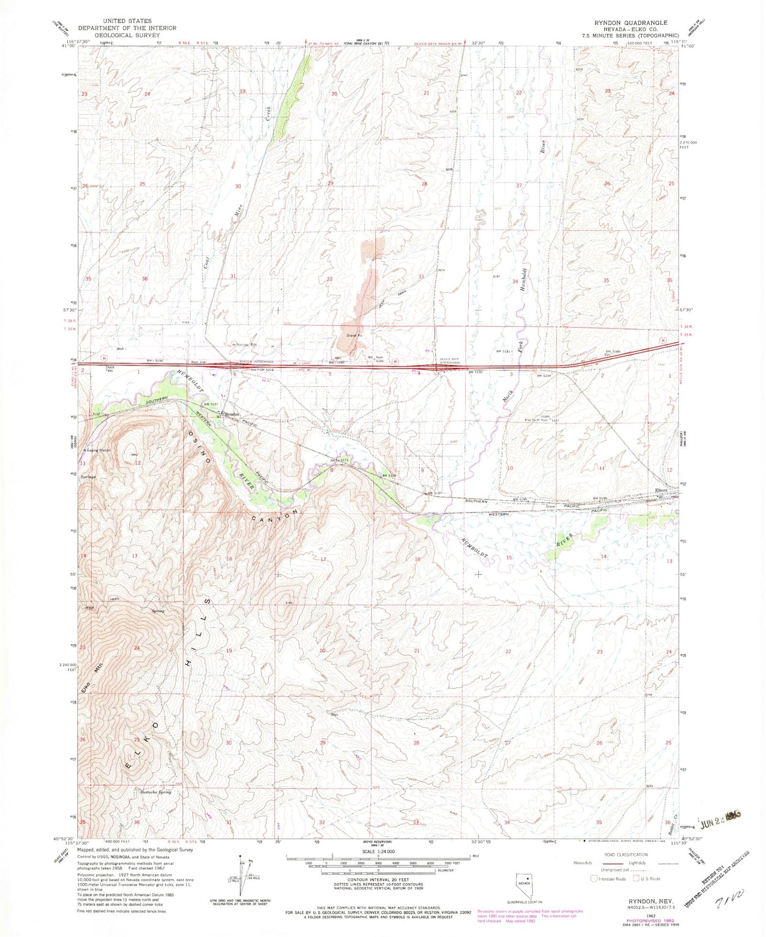 Classic USGS Ryndon Nevada 7.5'x7.5' Topo Map Image