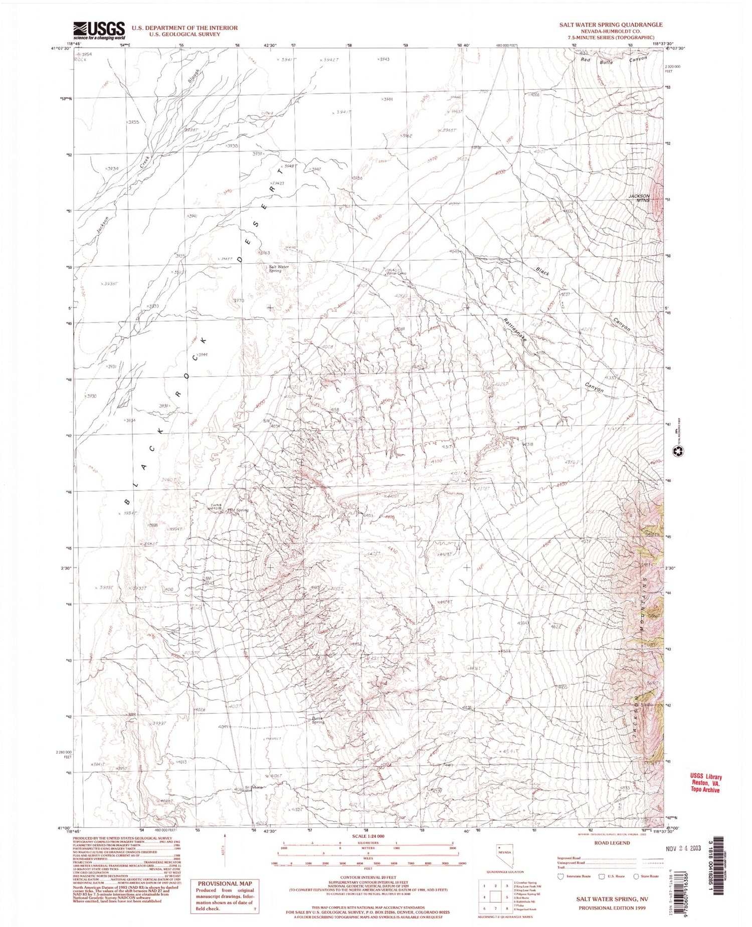 Classic USGS Salt Water Spring Nevada 7.5'x7.5' Topo Map Image