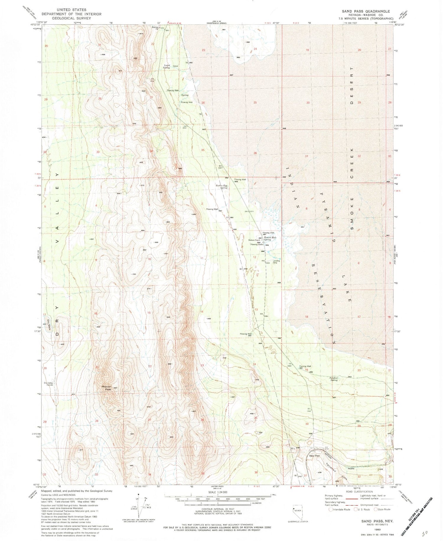 Classic USGS Sand Pass Nevada 7.5'x7.5' Topo Map Image