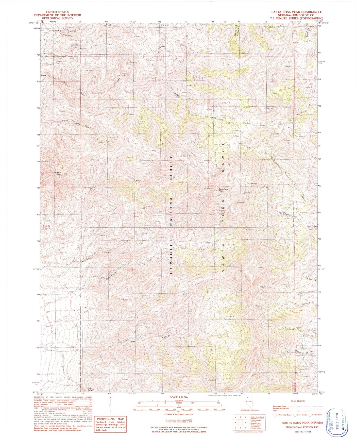 Classic USGS Santa Rosa Peak Nevada 7.5'x7.5' Topo Map Image