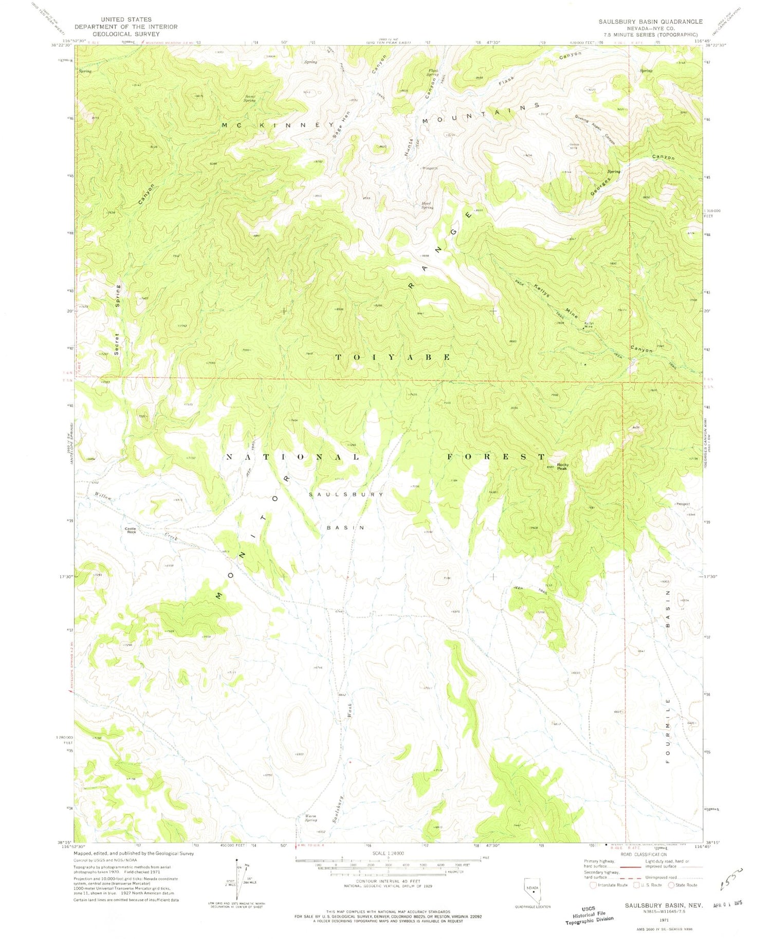 Classic USGS Saulsbury Basin Nevada 7.5'x7.5' Topo Map Image