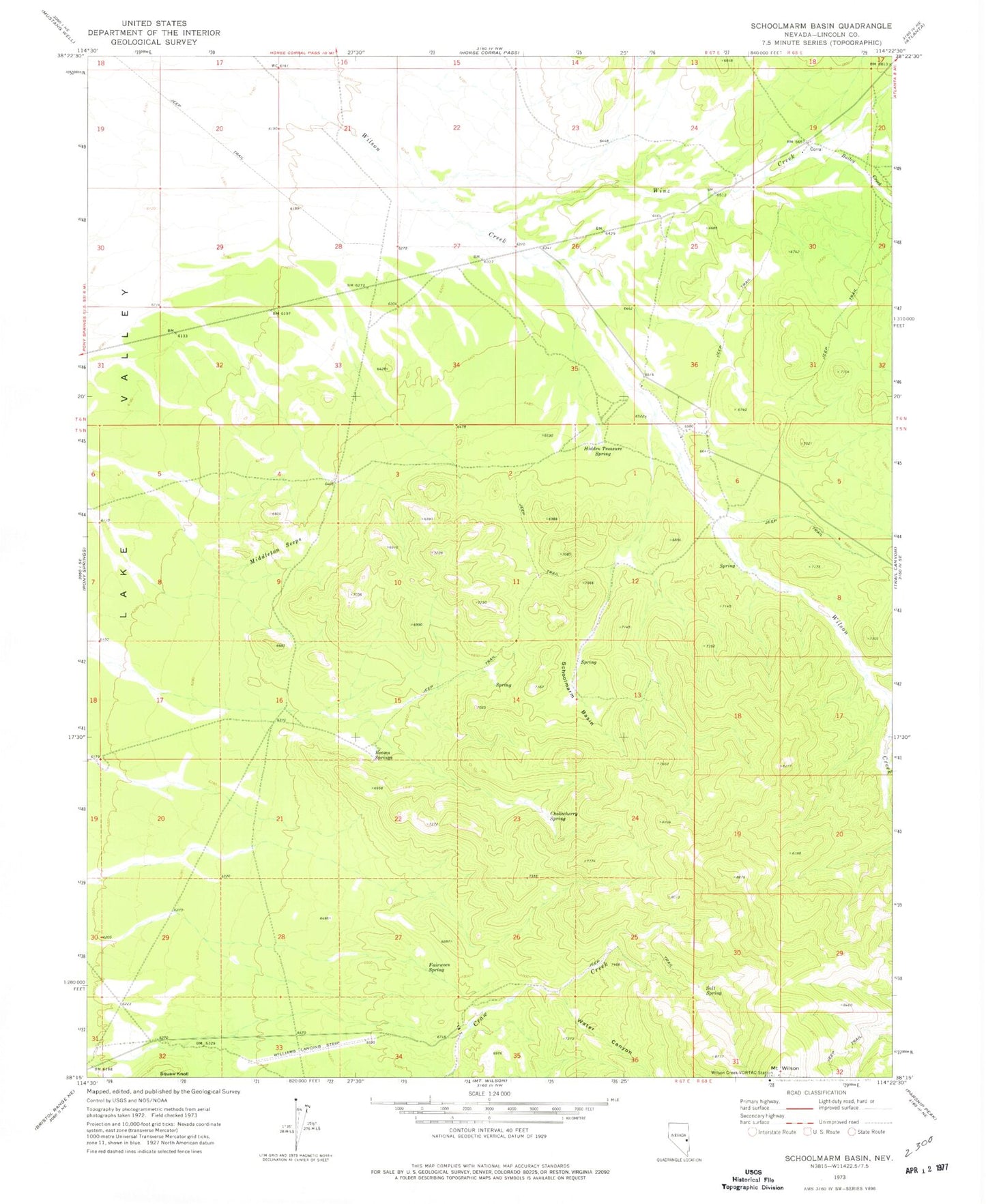 Classic USGS Schoolmarm Basin Nevada 7.5'x7.5' Topo Map Image