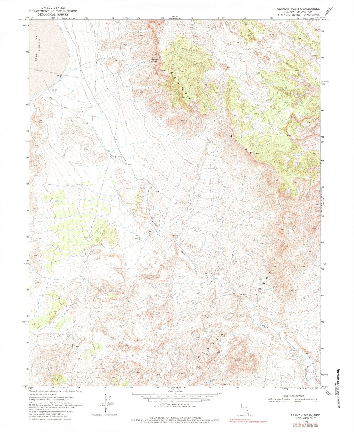 Classic USGS Seaman Wash Nevada 7.5'x7.5' Topo Map Image