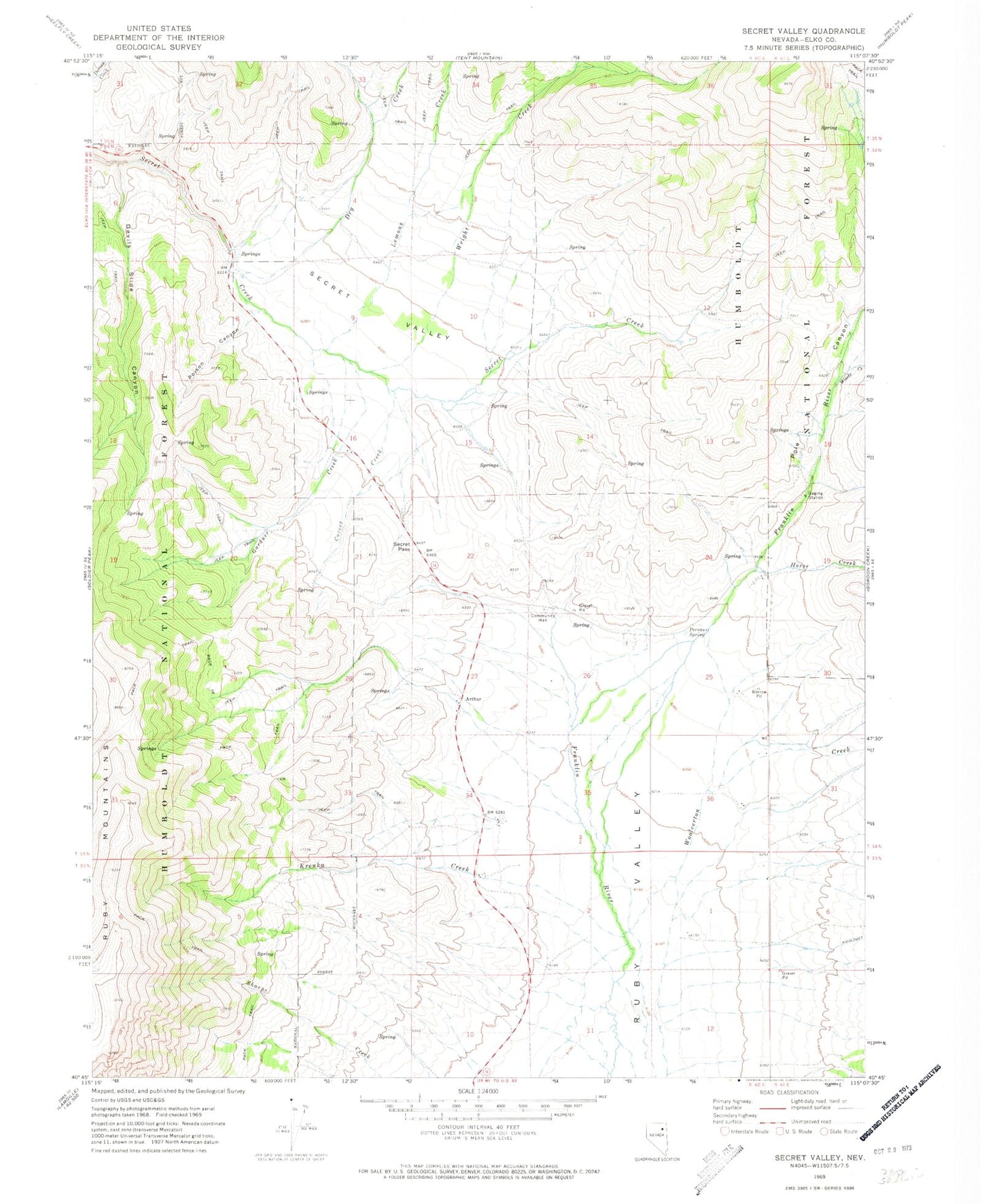 Classic USGS Secret Valley Nevada 7.5'x7.5' Topo Map Image