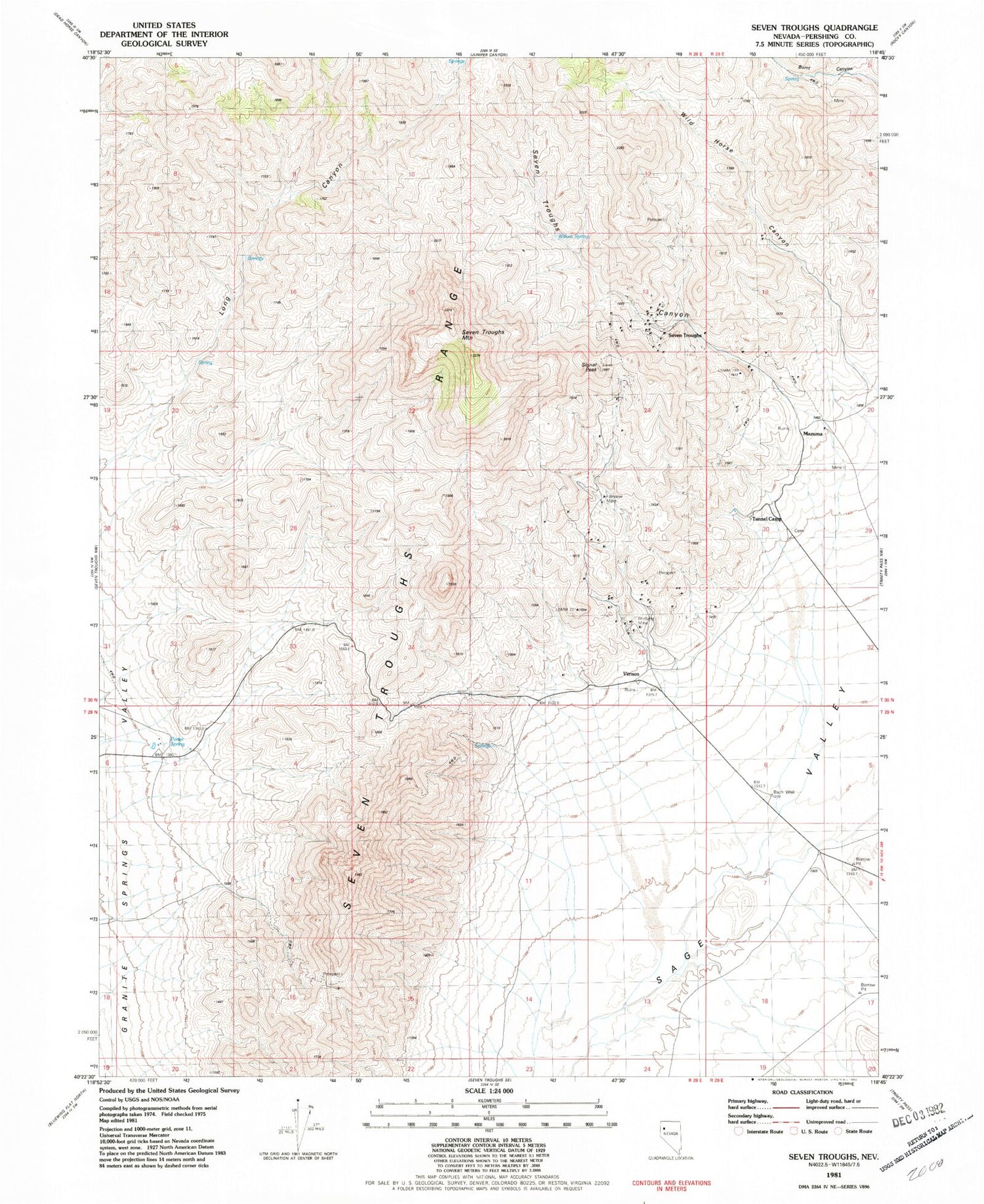 Classic USGS Seven Troughs Nevada 7.5'x7.5' Topo Map Image