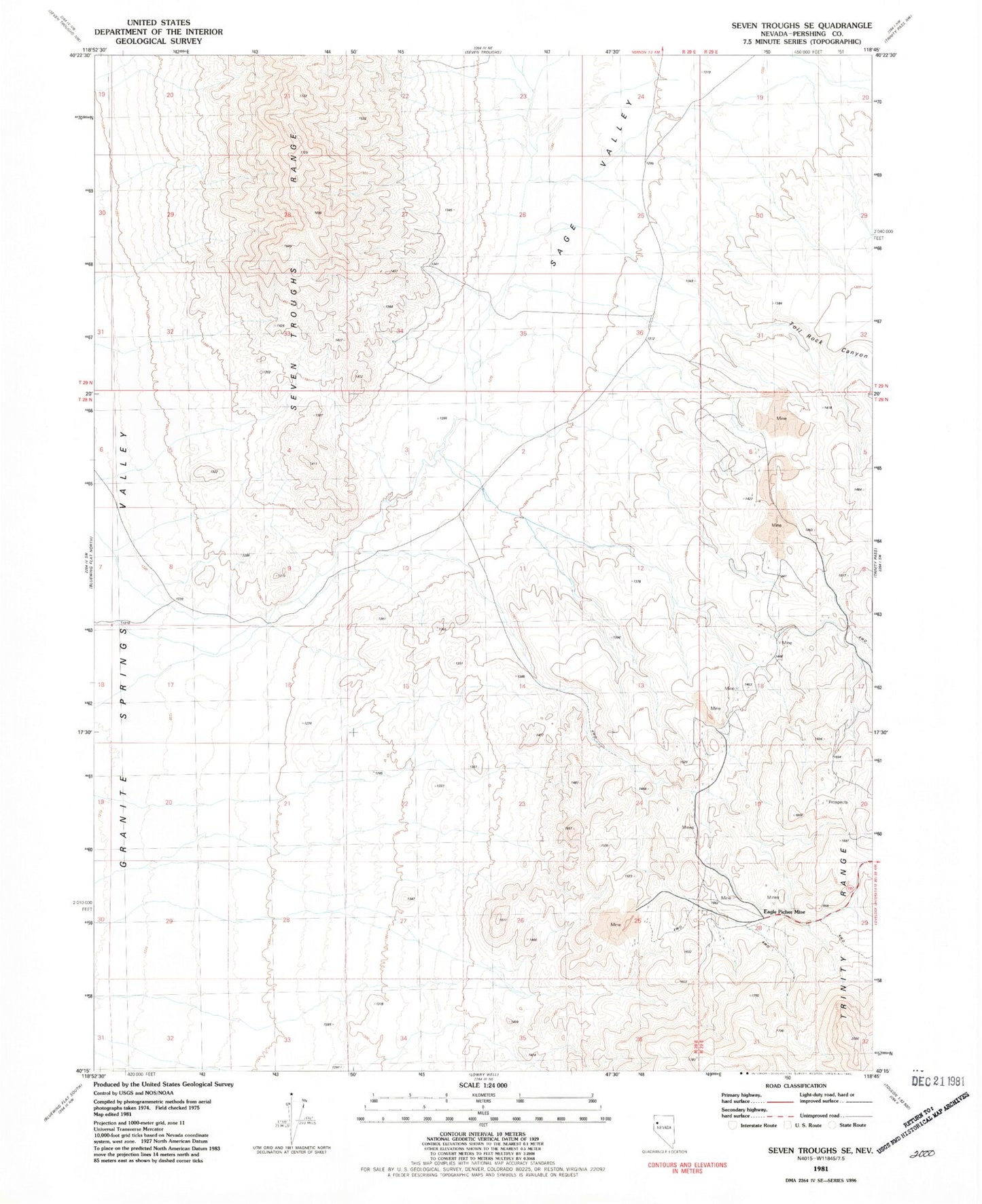 Classic USGS Seven Troughs SE Nevada 7.5'x7.5' Topo Map Image