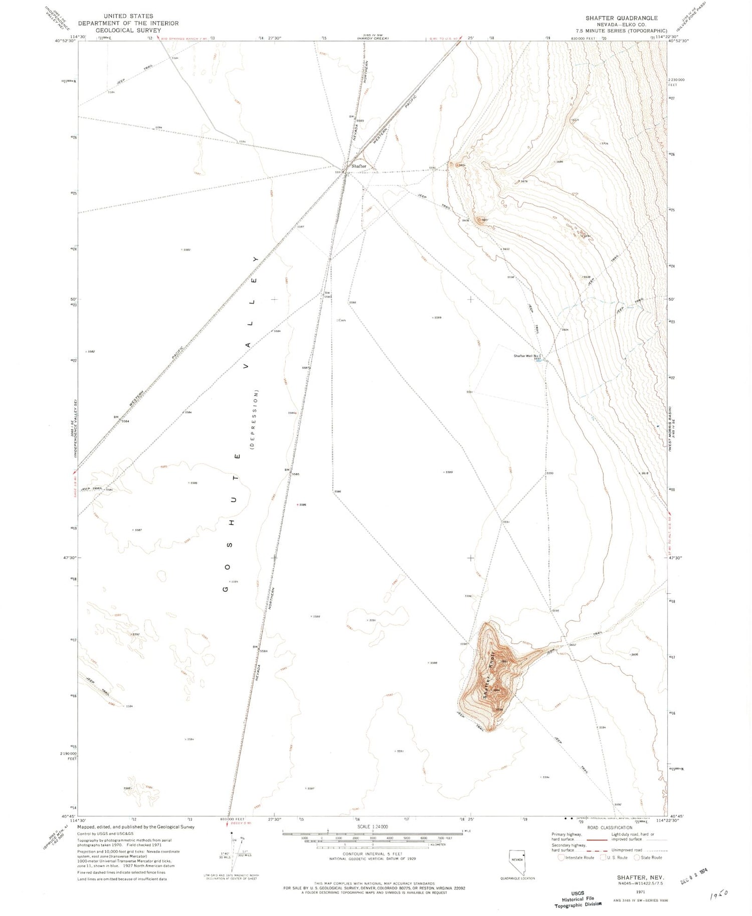 Classic USGS Shafter Nevada 7.5'x7.5' Topo Map Image