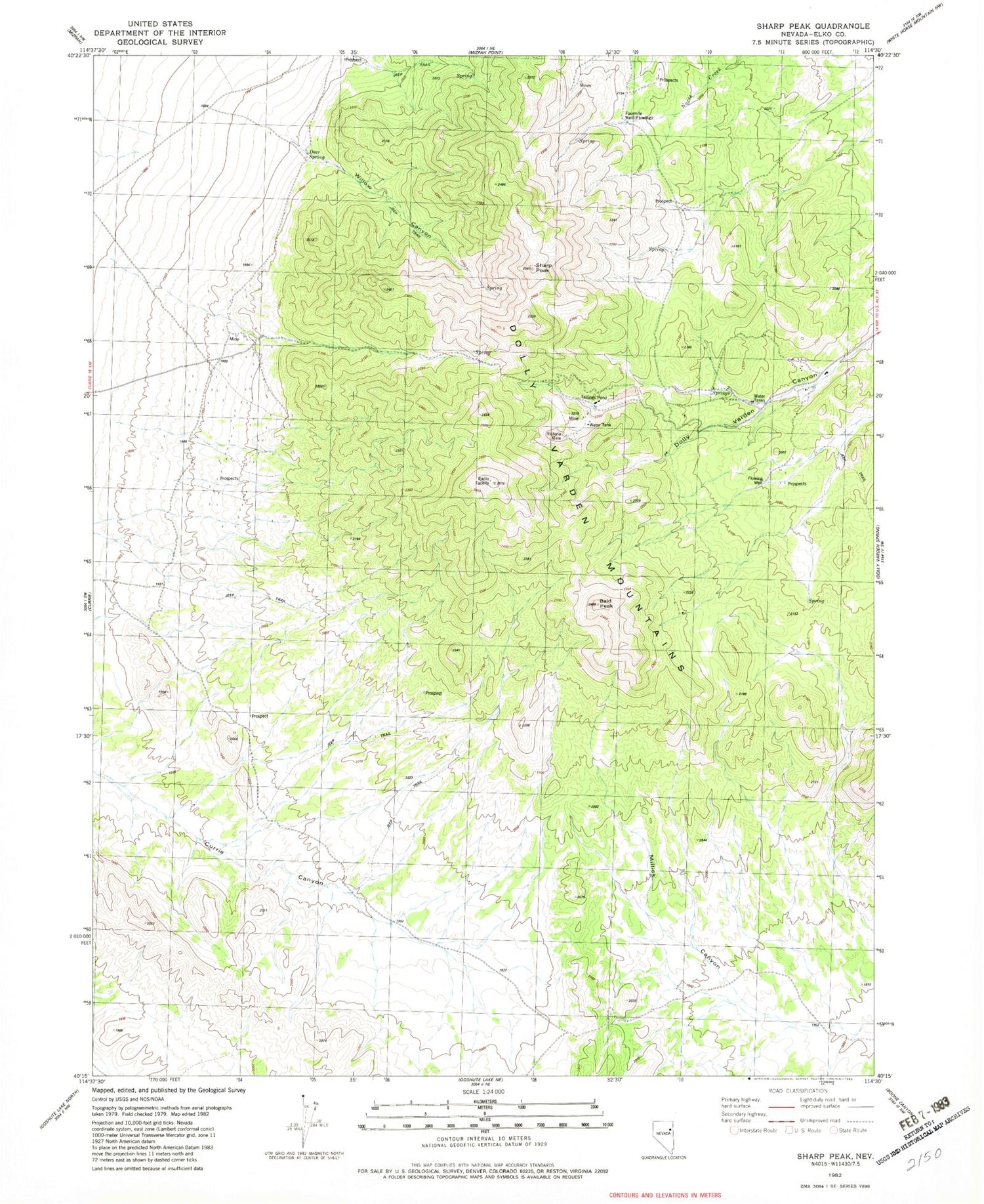 Classic USGS Sharp Peak Nevada 7.5'x7.5' Topo Map Image