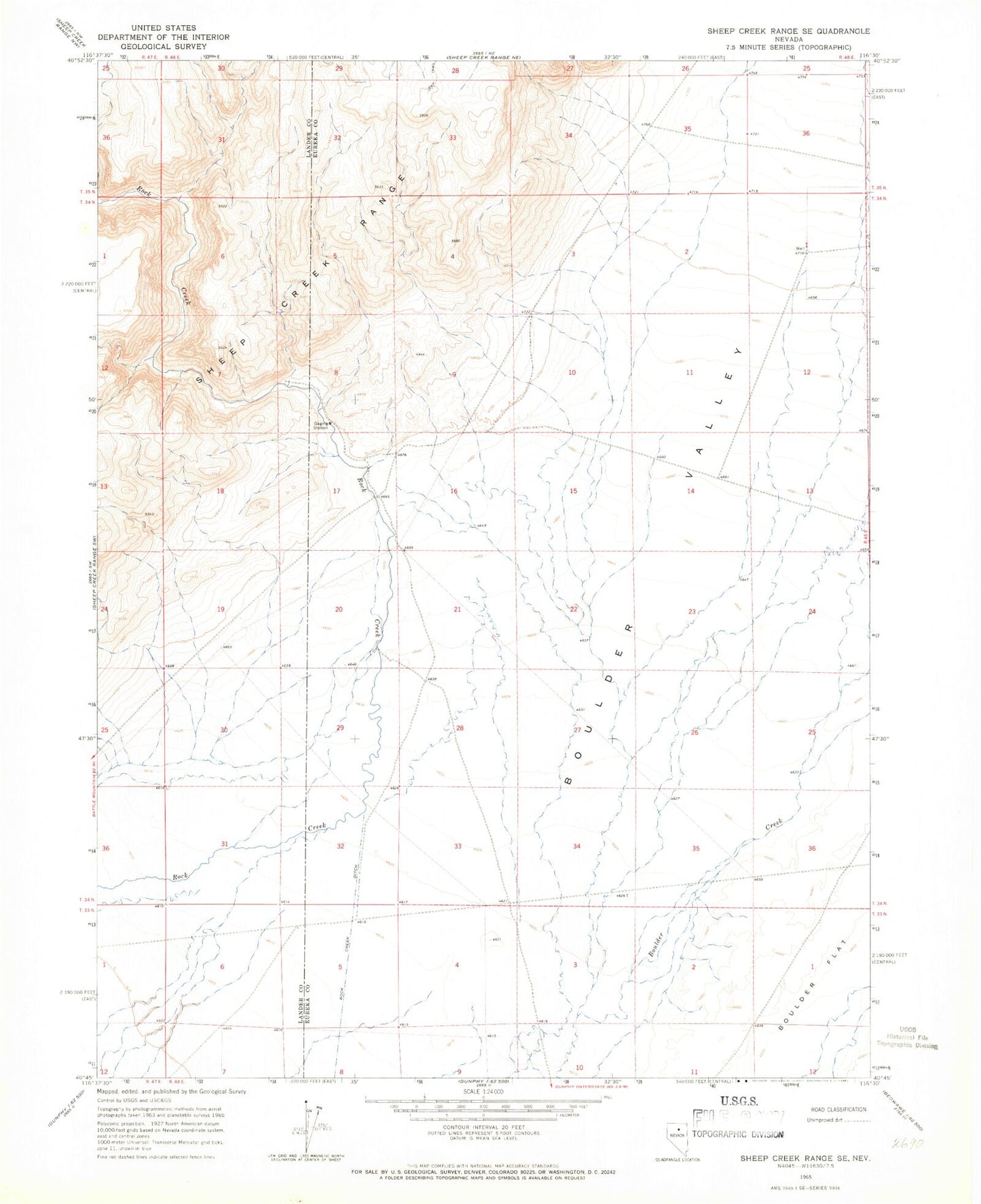 Classic USGS Sheep Creek Range SE Nevada 7.5'x7.5' Topo Map Image