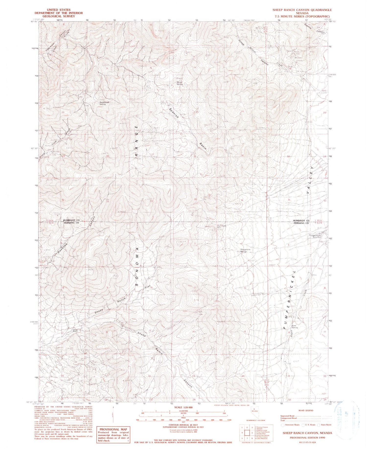 Classic USGS Sheep Ranch Canyon Nevada 7.5'x7.5' Topo Map Image