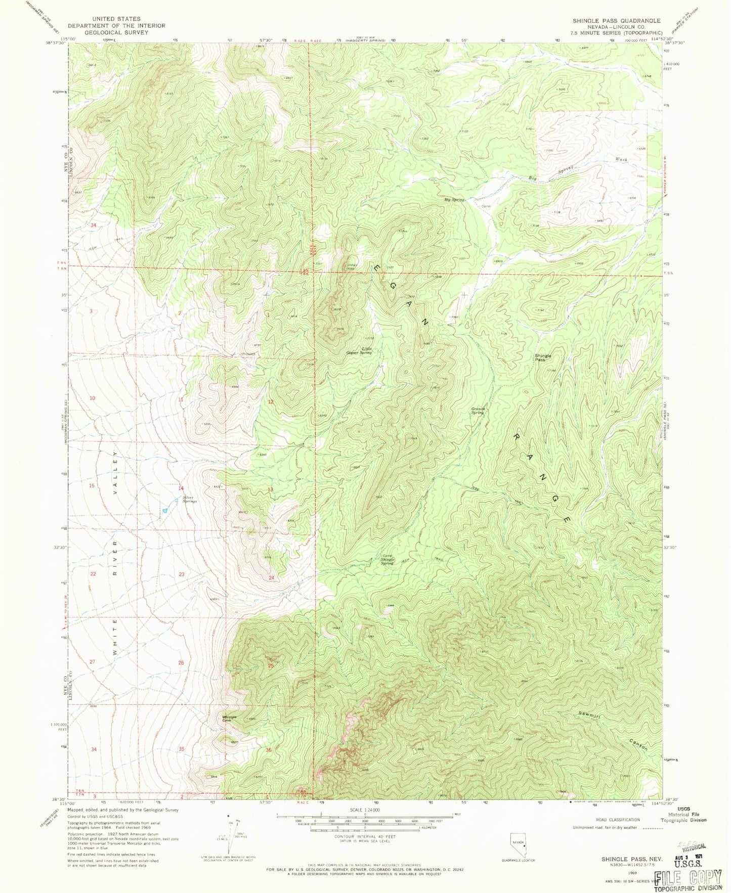 Classic USGS Shingle Pass Nevada 7.5'x7.5' Topo Map Image