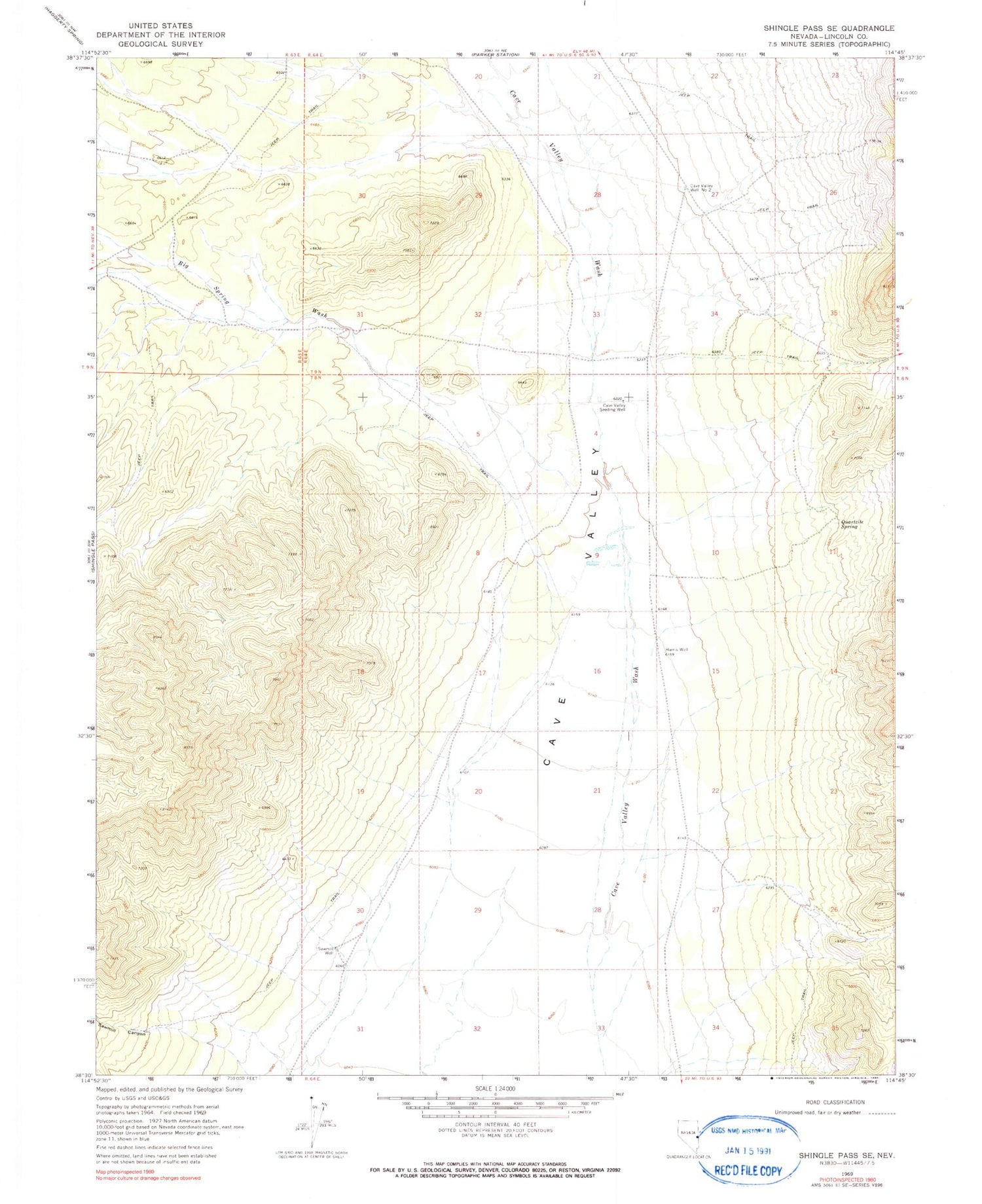 Classic USGS Shingle Pass SE Nevada 7.5'x7.5' Topo Map Image