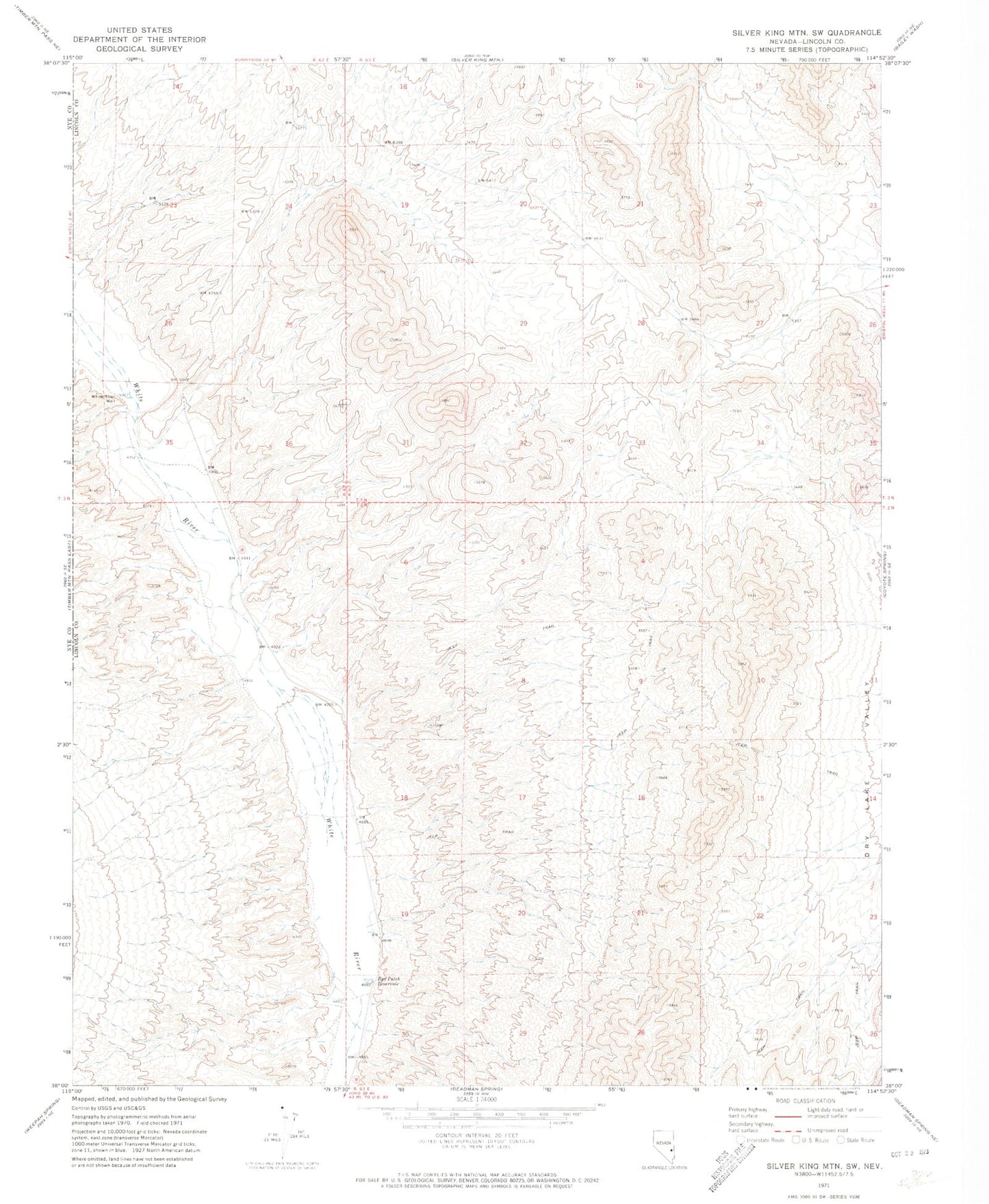Classic USGS Silver King Mountain SW Nevada 7.5'x7.5' Topo Map Image