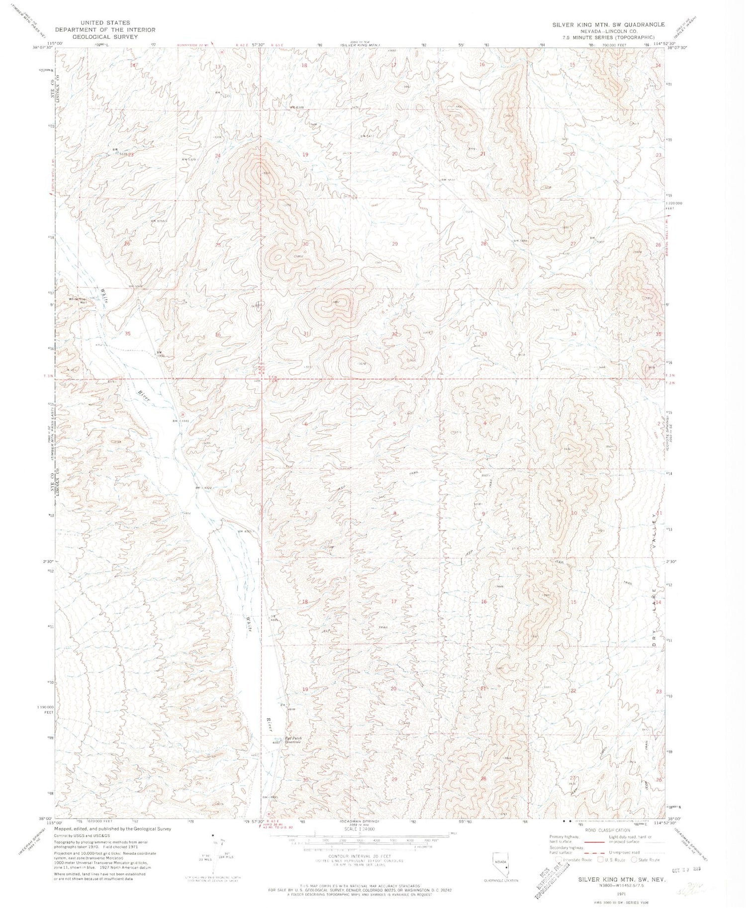 Classic USGS Silver King Mountain SW Nevada 7.5'x7.5' Topo Map Image