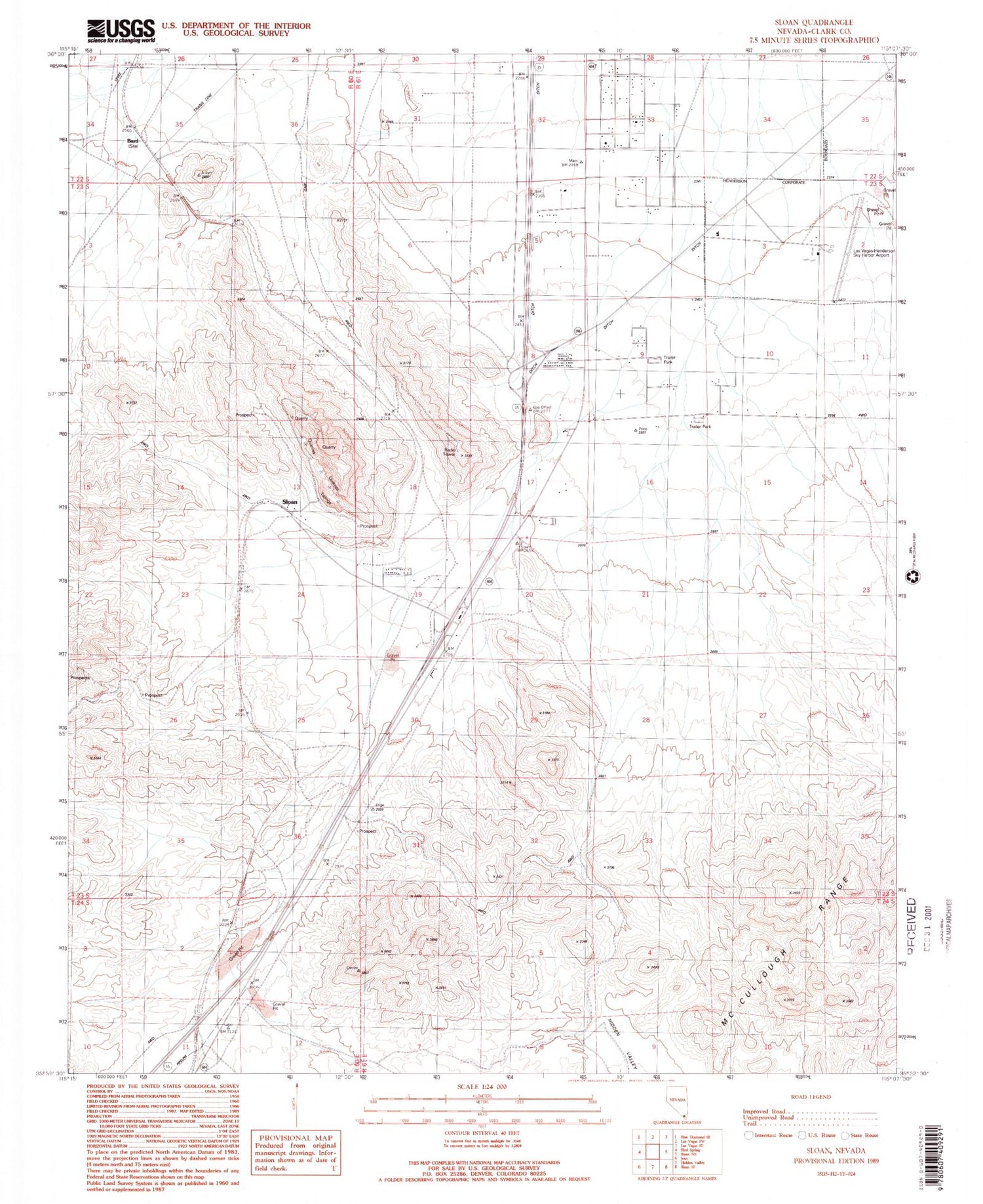 Classic USGS Sloan Nevada 7.5'x7.5' Topo Map Image