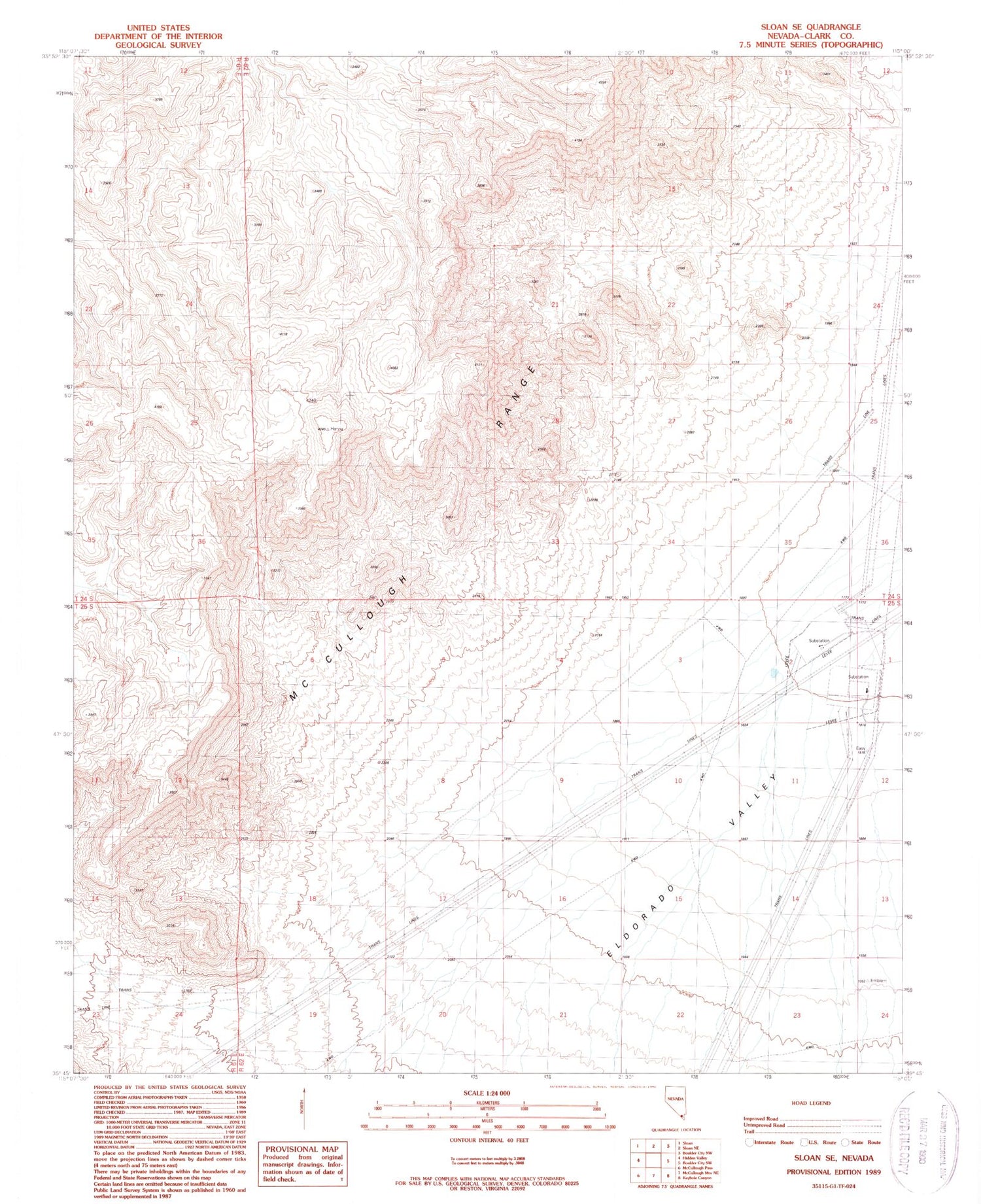 Classic USGS Sloan SE Nevada 7.5'x7.5' Topo Map Image