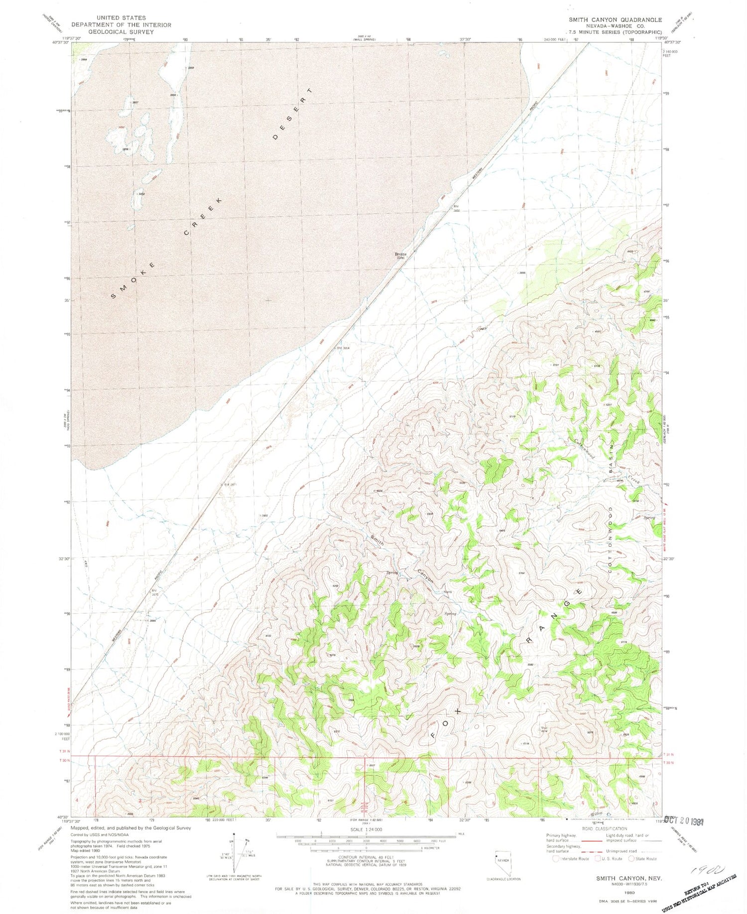 Classic USGS Smith Canyon Nevada 7.5'x7.5' Topo Map Image