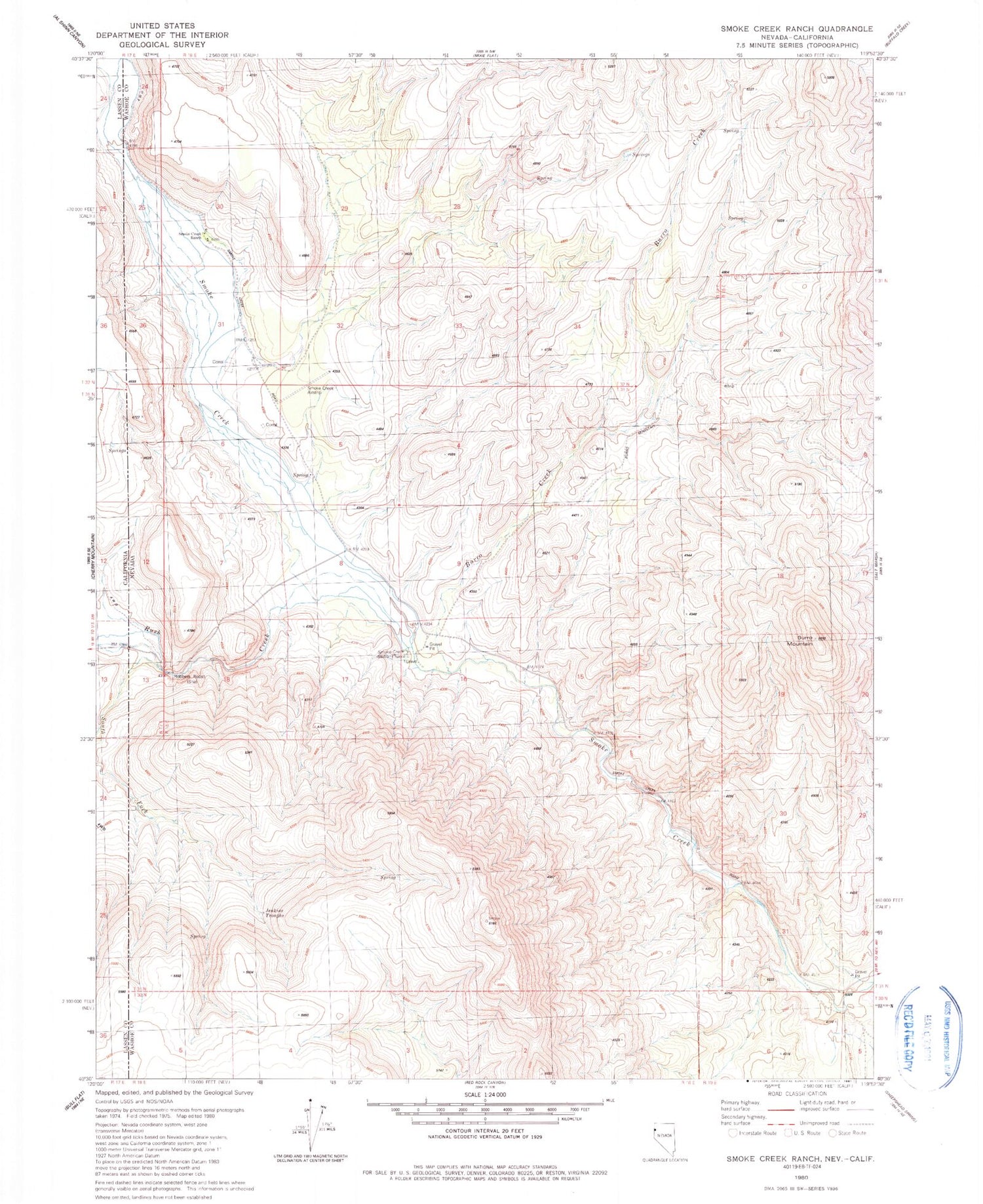 Classic USGS Smoke Creek Ranch Nevada 7.5'x7.5' Topo Map Image