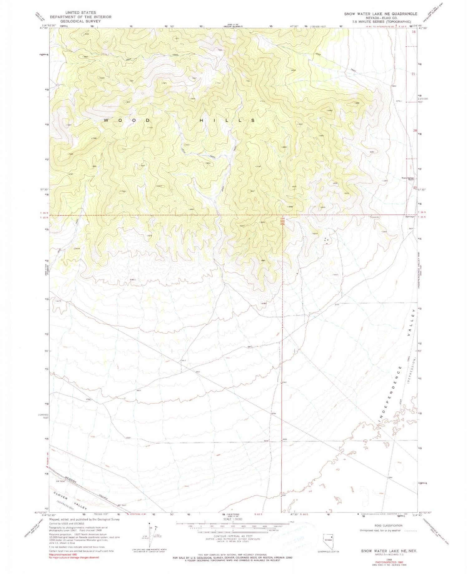 Classic USGS Snow Water Lake NE Nevada 7.5'x7.5' Topo Map Image